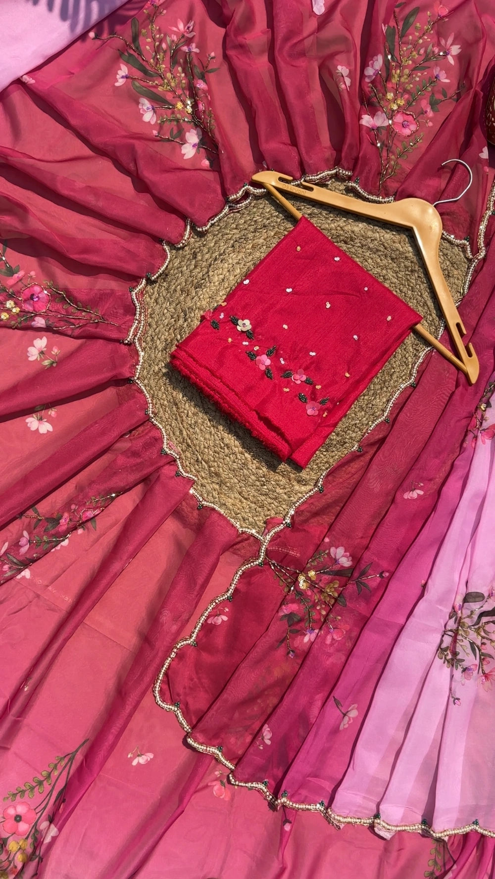 Soft Tebby Silk Saree with Floral Print, Beads, Sequins & Katdana Handwork – Jalpari Silk Blouse Included
