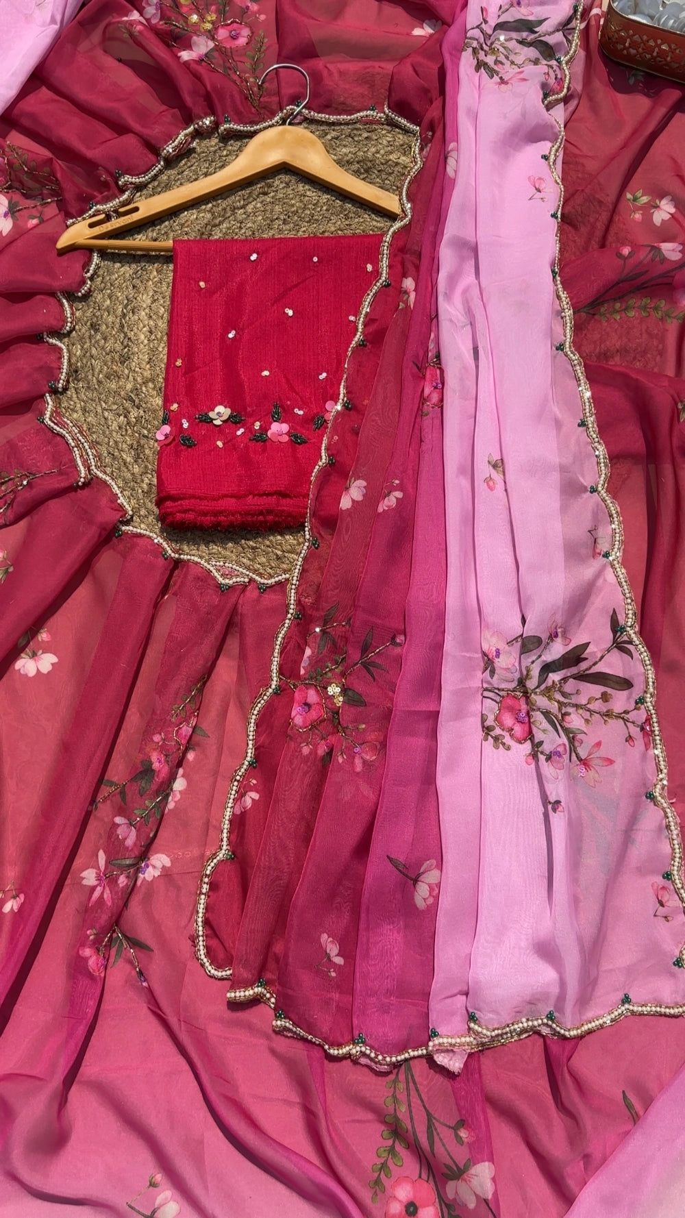 Soft Tebby Silk Saree with Floral Print, Beads, Sequins & Katdana Handwork – Jalpari Silk Blouse Included