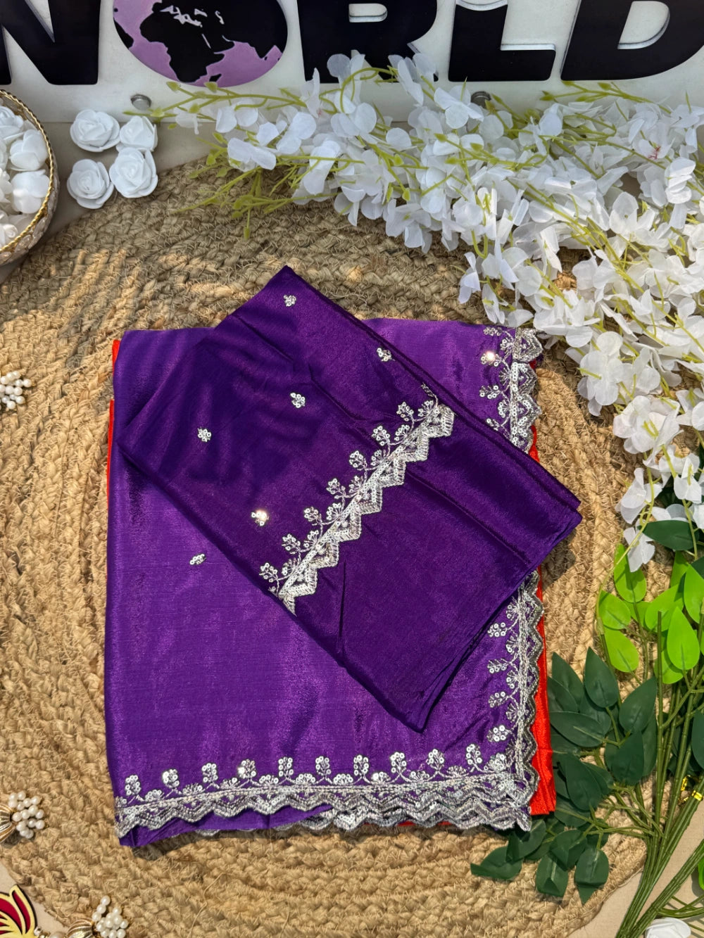 Pure Soft Chinon Silk Double-Shaded Saree with Silver Sequin Thread Embroidery – Matching Embroidered Blouse Included