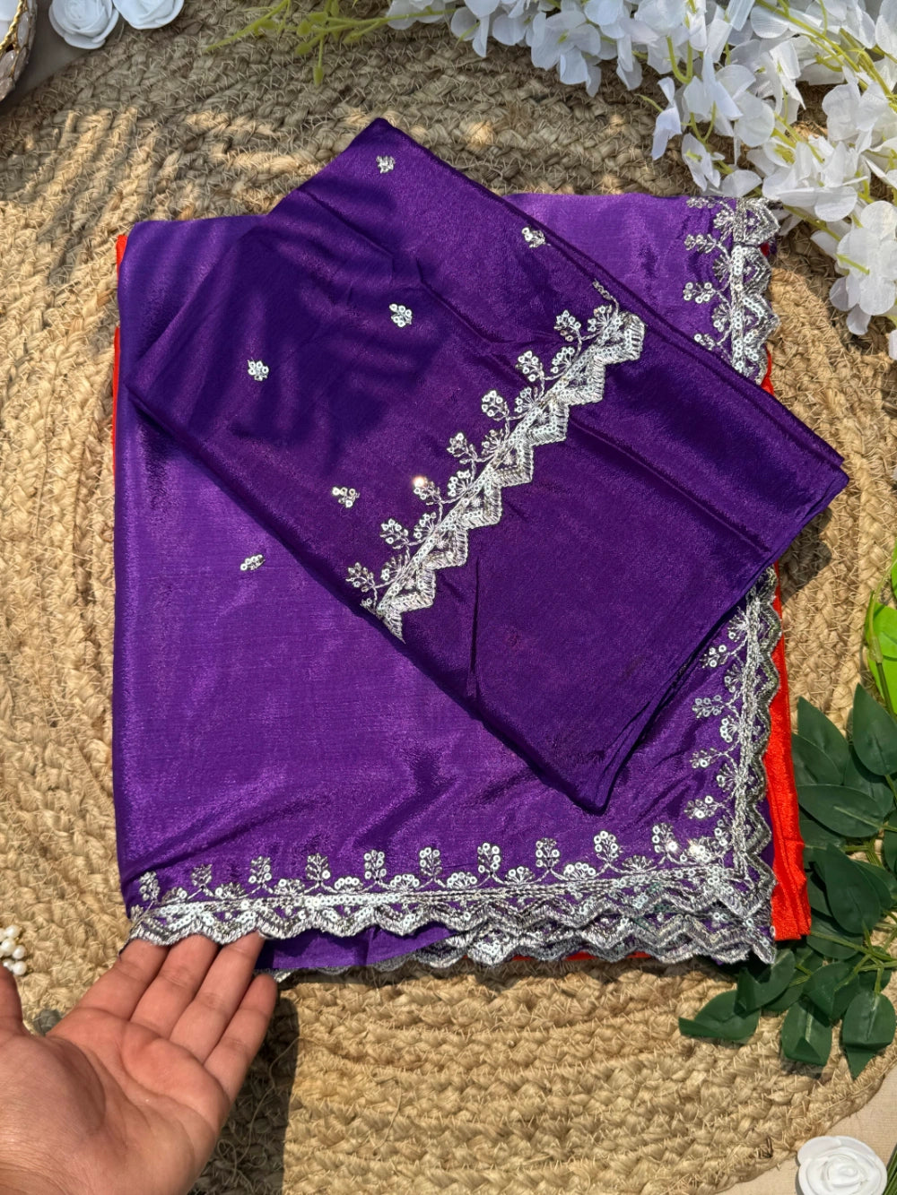 Pure Soft Chinon Silk Double-Shaded Saree with Silver Sequin Thread Embroidery – Matching Embroidered Blouse Included