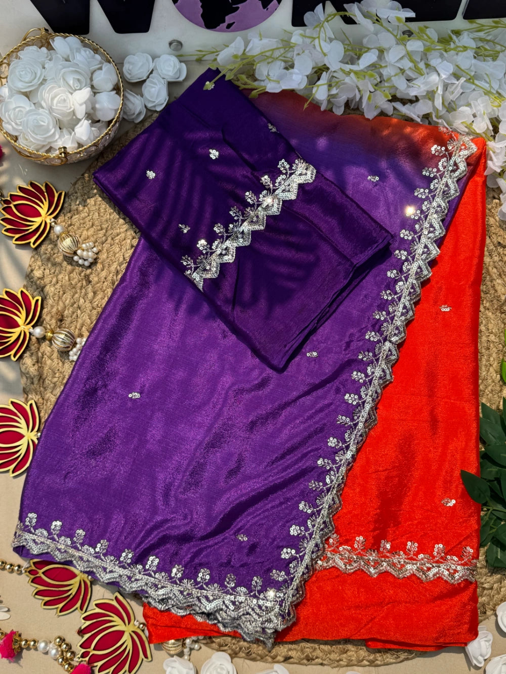 Pure Soft Chinon Silk Double-Shaded Saree with Silver Sequin Thread Embroidery – Matching Embroidered Blouse Included