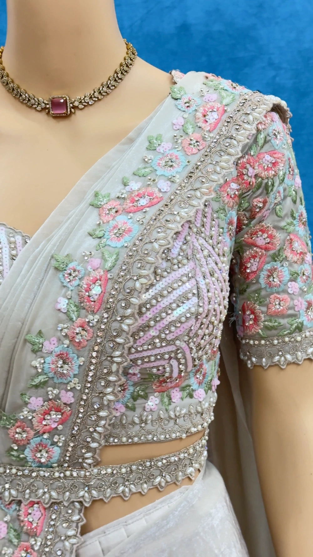 Ivory Lover’s 1-Min Ready-to-Wear Saree in Space Silk with Sequin & Pearl Lace – Fully Stitched Designer Blouse Included