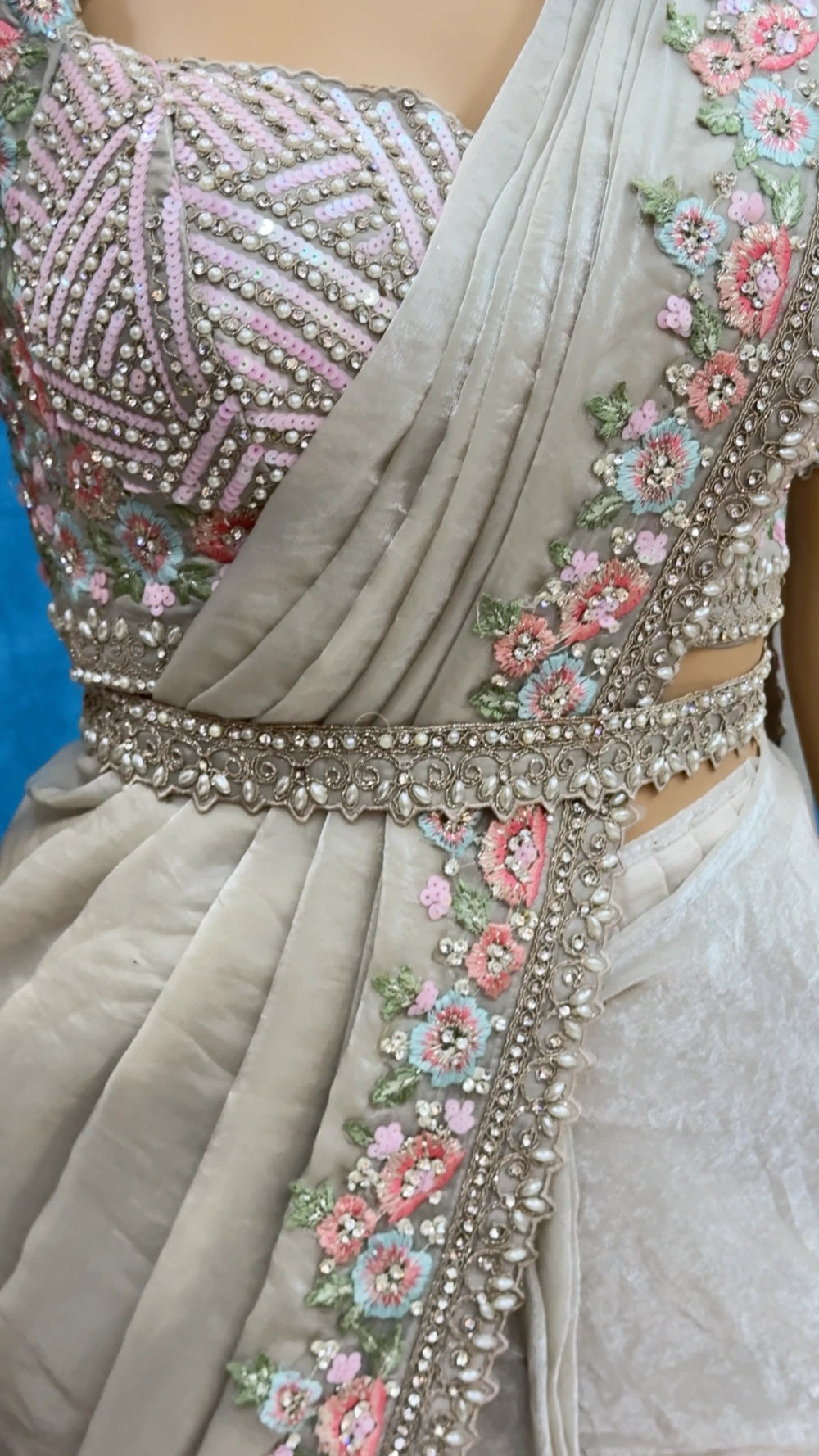 Ivory Lover’s 1-Min Ready-to-Wear Saree in Space Silk with Sequin & Pearl Lace – Fully Stitched Designer Blouse Included