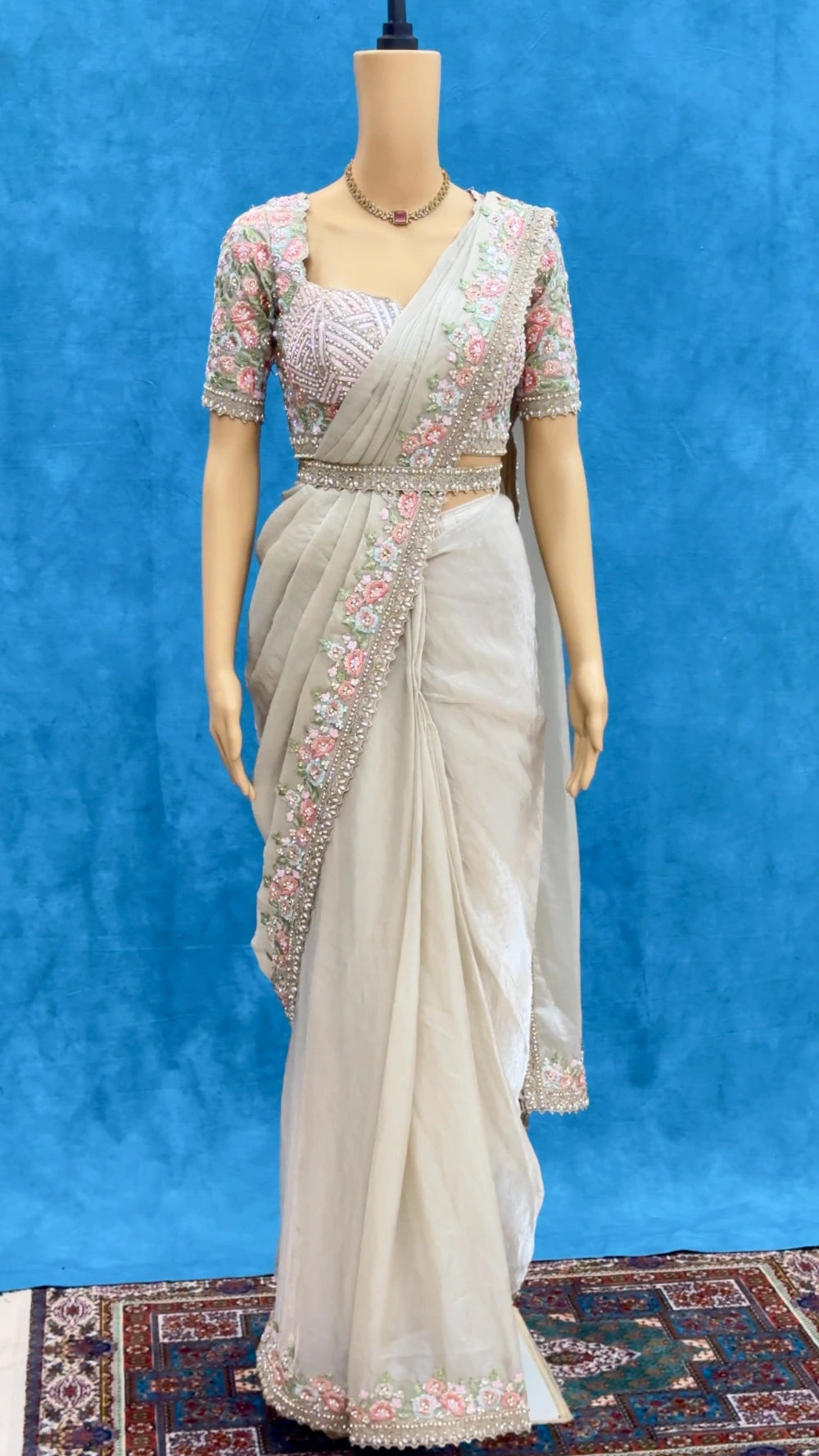 Ivory Lover’s 1-Min Ready-to-Wear Saree in Space Silk with Sequin & Pearl Lace – Fully Stitched Designer Blouse Included