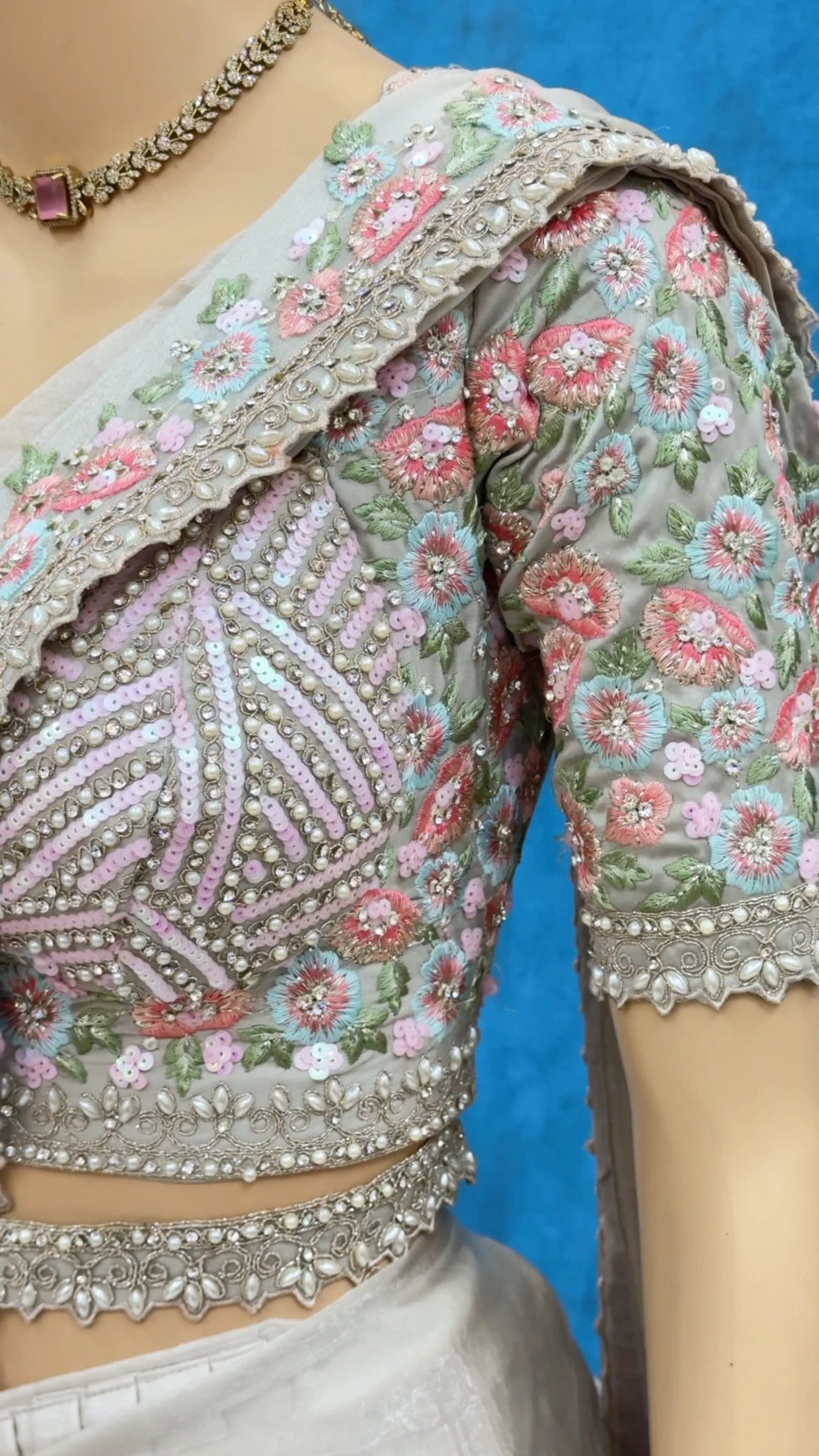 Ivory Lover’s 1-Min Ready-to-Wear Saree in Space Silk with Sequin & Pearl Lace – Fully Stitched Designer Blouse Included