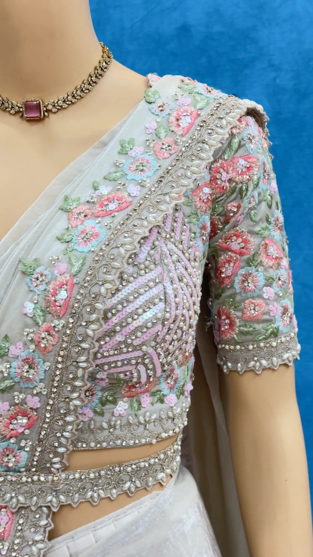 Ivory Lover’s 1-Min Ready-to-Wear Saree in Space Silk with Sequin & Pearl Lace – Fully Stitched Designer Blouse Included