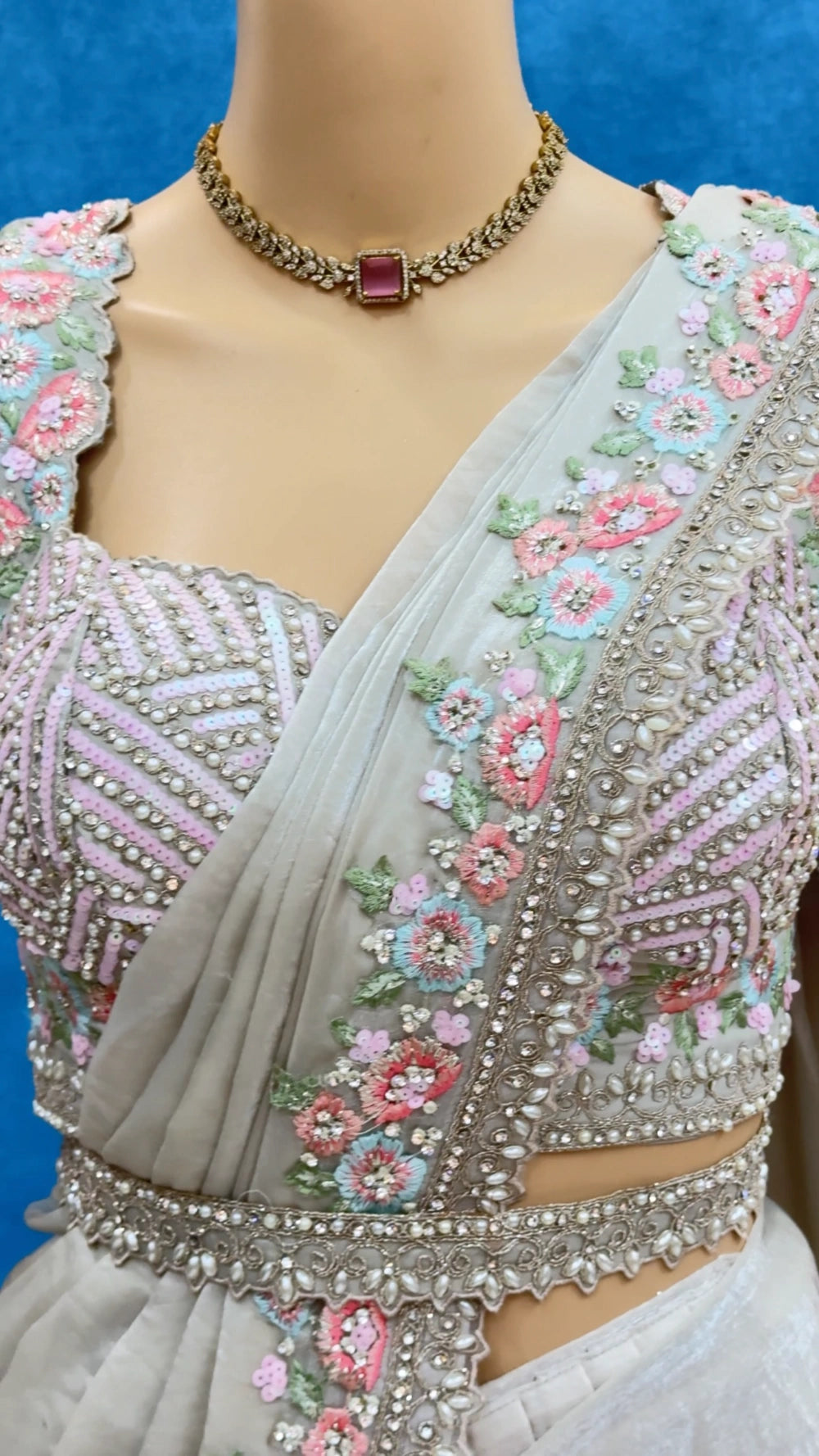 Ivory Lover’s 1-Min Ready-to-Wear Saree in Space Silk with Sequin & Pearl Lace – Fully Stitched Designer Blouse Included