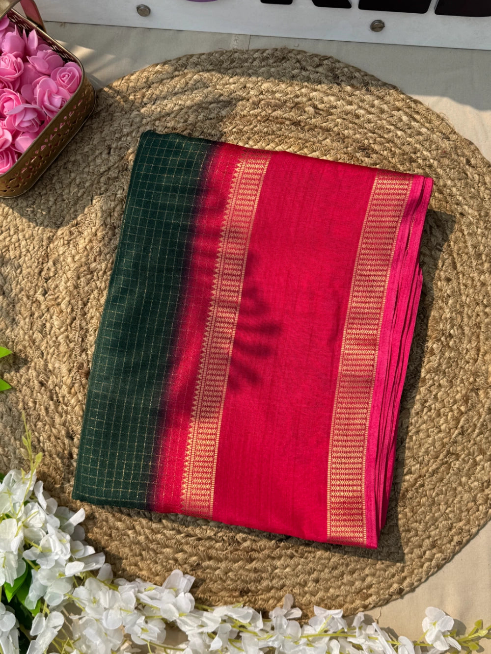 BANNO – Pure Moss Bandhani Print Saree with Mirror Work & Contrast Piping – Running Blouse Included