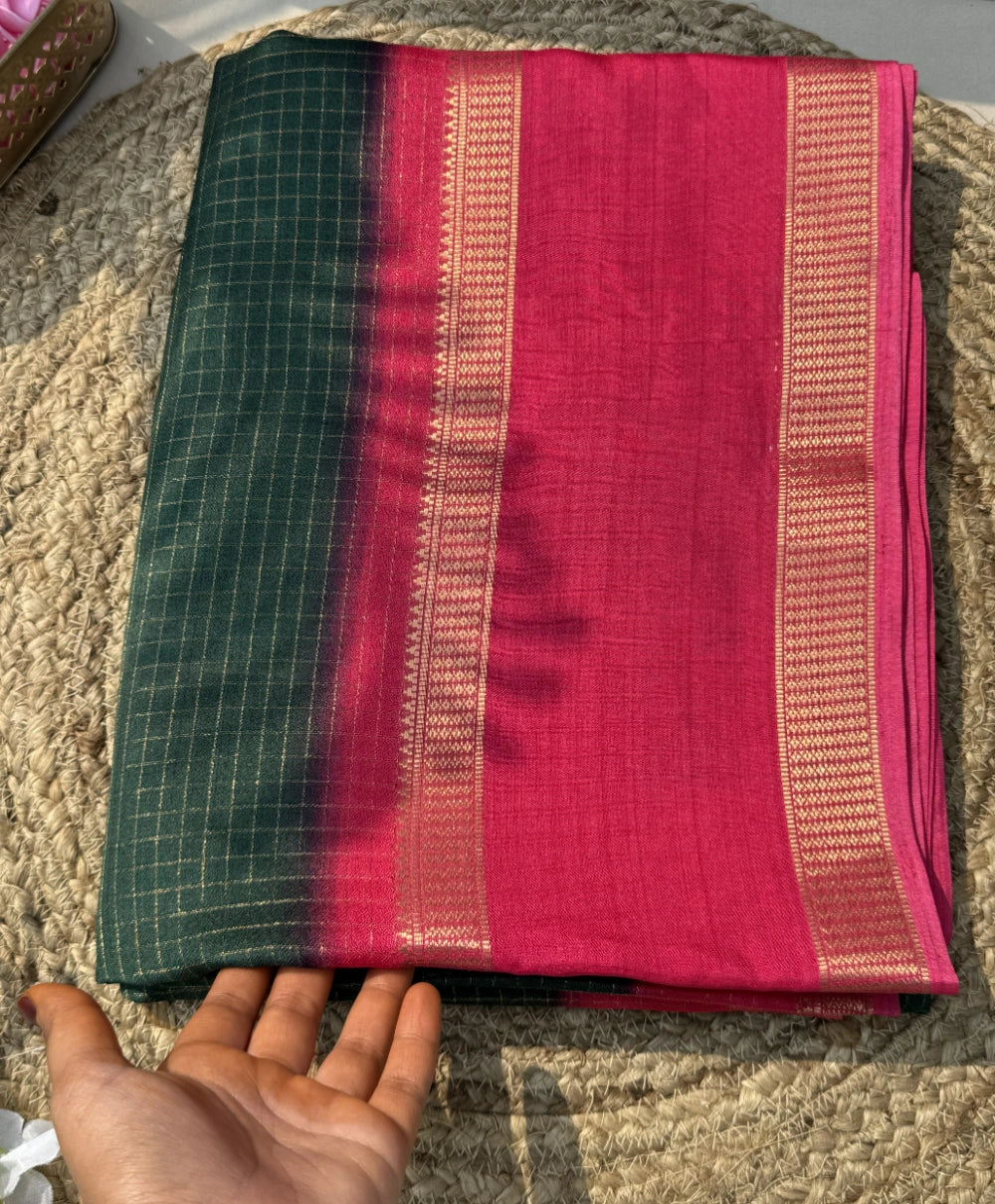 BANNO – Pure Moss Bandhani Print Saree with Mirror Work & Contrast Piping – Running Blouse Included