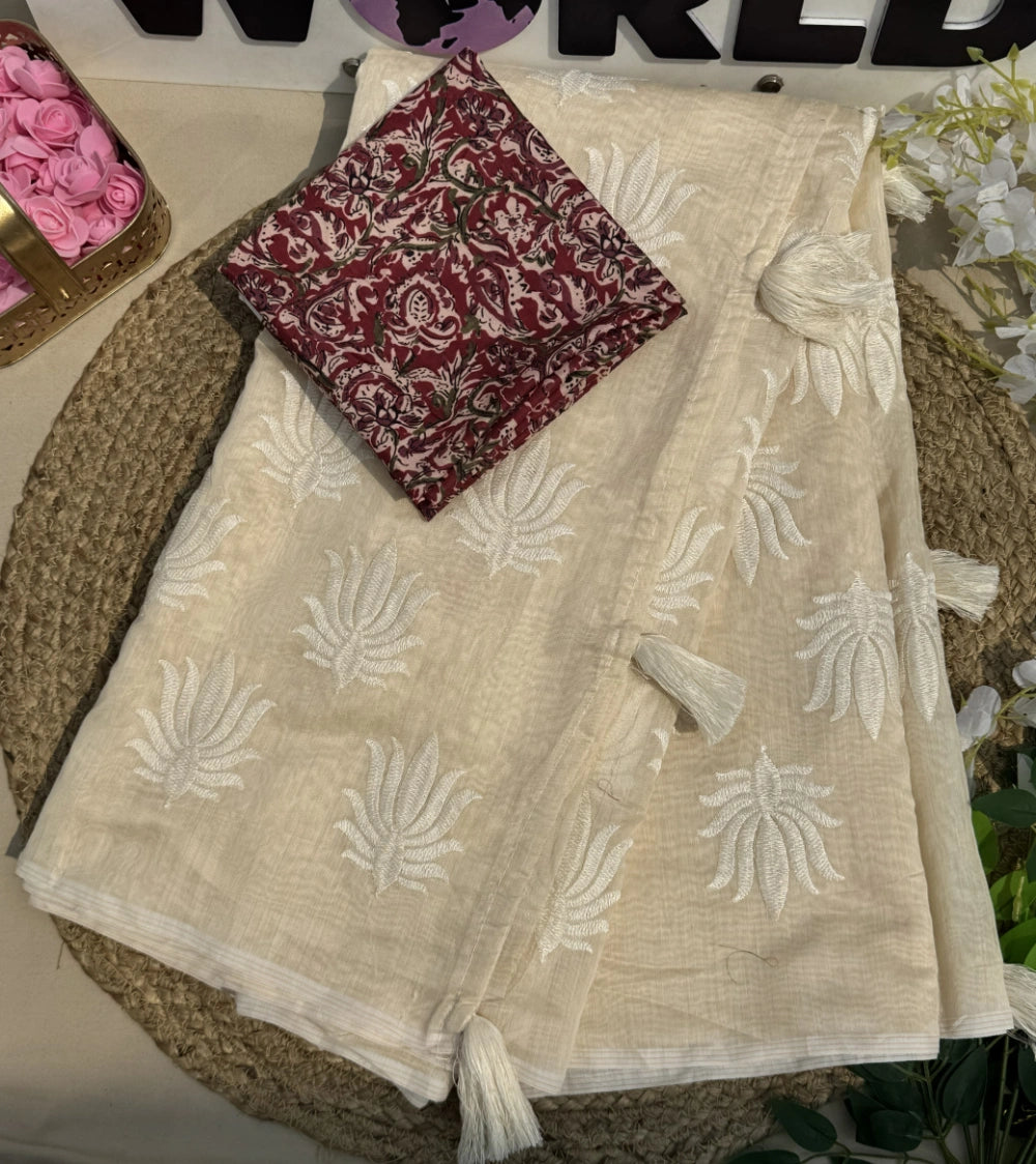 Premium Chanderi Saree with Off-White Multithread Work & Rich Cotton Tassels – Paired with Kalamkari Print Blouse