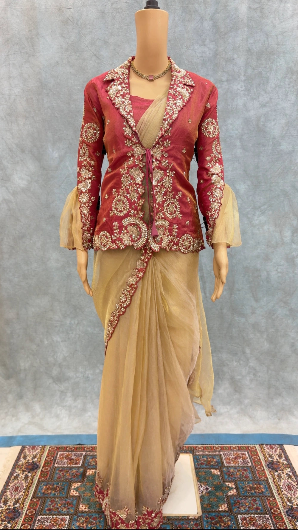 Pre-Stitched Ready-to-Wear Organza Satin Saree with Sequin, Pearl & Embroidery Border + Designer Tube & Jacket Blouse Set #Crystal1MinSaree