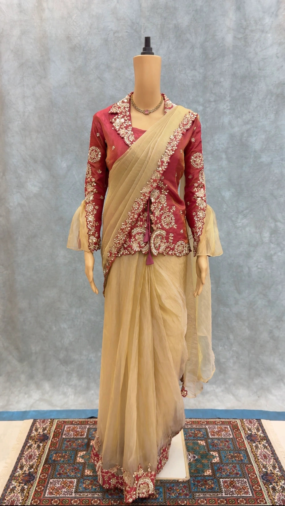 Pre-Stitched Ready-to-Wear Organza Satin Saree with Sequin, Pearl & Embroidery Border + Designer Tube & Jacket Blouse Set #Crystal1MinSaree