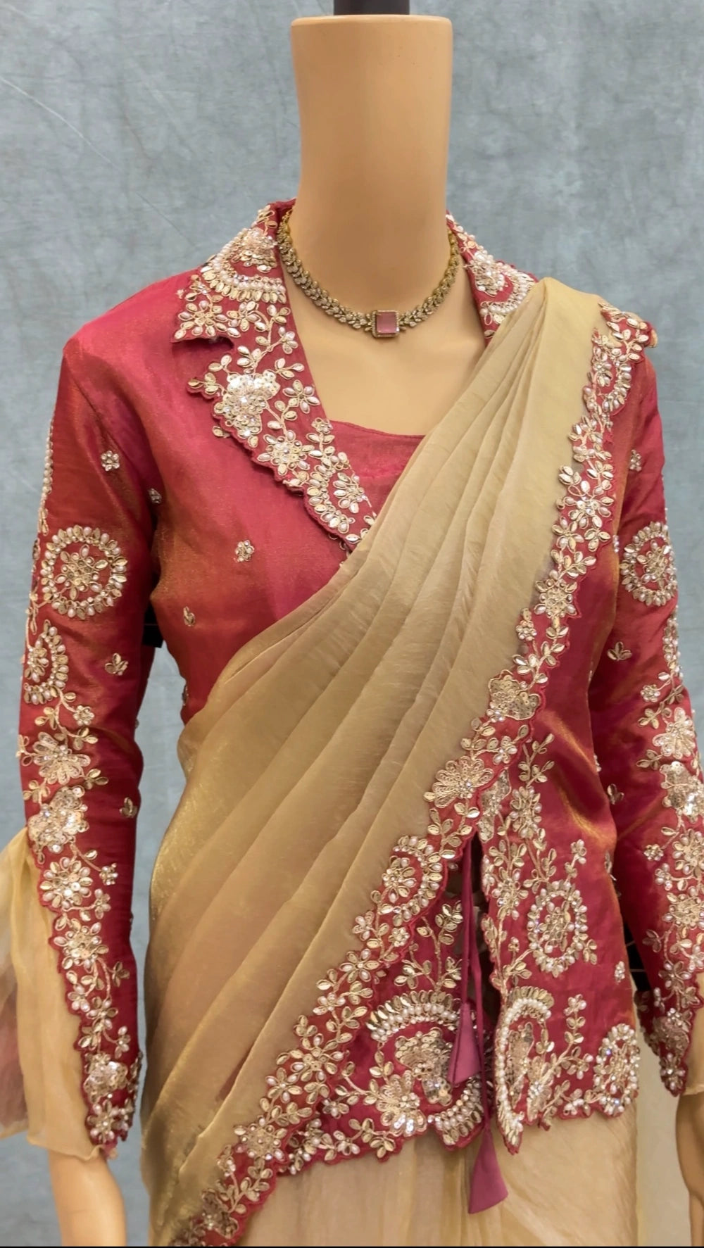 Pre-Stitched Ready-to-Wear Organza Satin Saree with Sequin, Pearl & Embroidery Border + Designer Tube & Jacket Blouse Set #Crystal1MinSaree