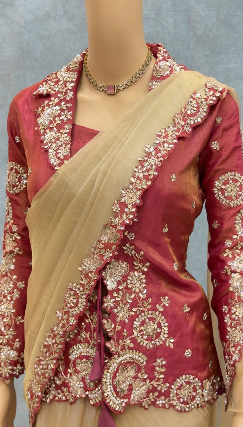 Pre-Stitched Ready-to-Wear Organza Satin Saree with Sequin, Pearl & Embroidery Border + Designer Tube & Jacket Blouse Set #Crystal1MinSaree