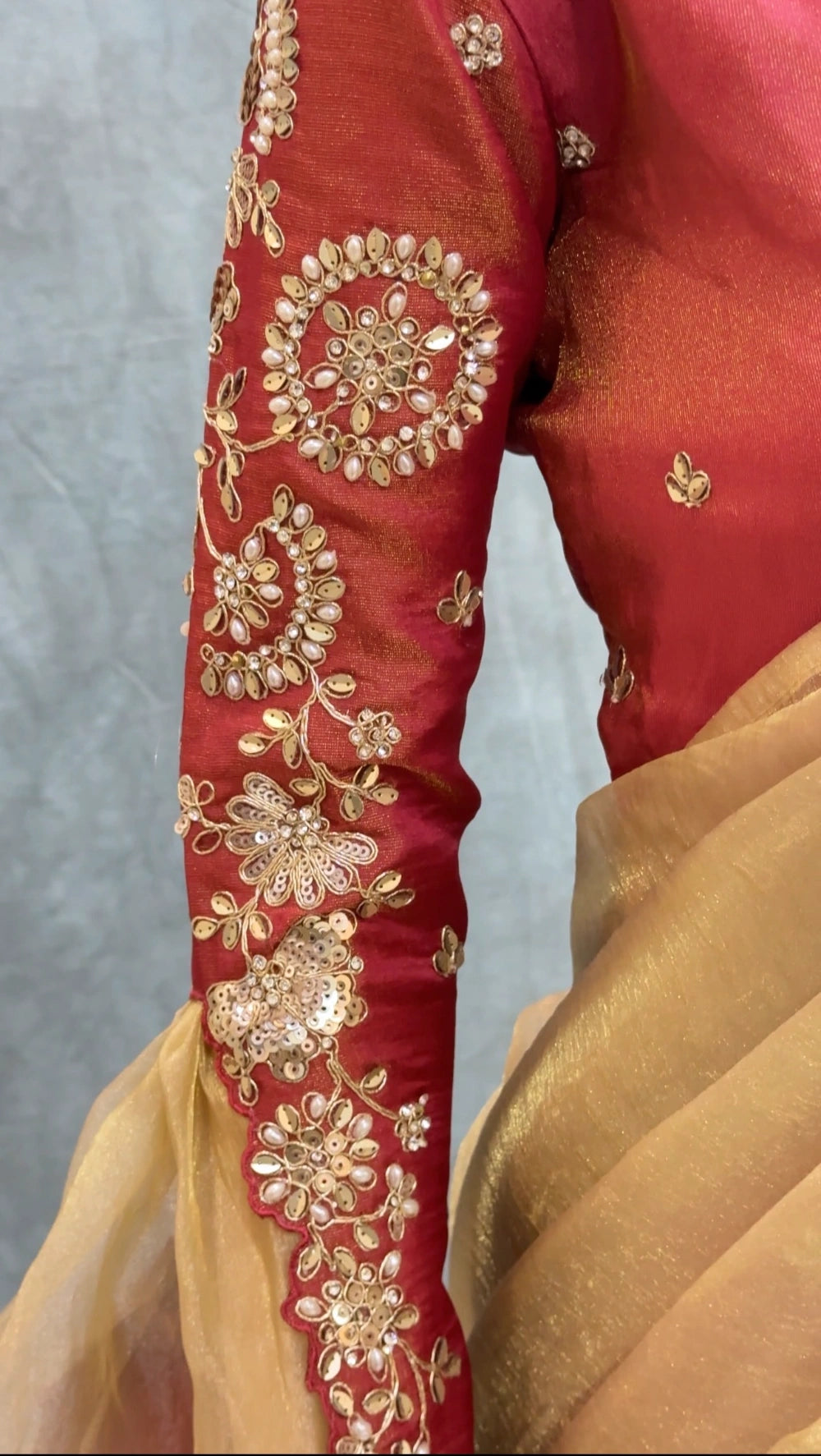 Pre-Stitched Ready-to-Wear Organza Satin Saree with Sequin, Pearl & Embroidery Border + Designer Tube & Jacket Blouse Set #Crystal1MinSaree