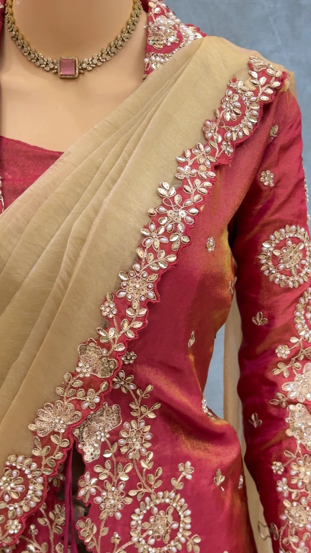 Pre-Stitched Ready-to-Wear Organza Satin Saree with Sequin, Pearl & Embroidery Border + Designer Tube & Jacket Blouse Set #Crystal1MinSaree