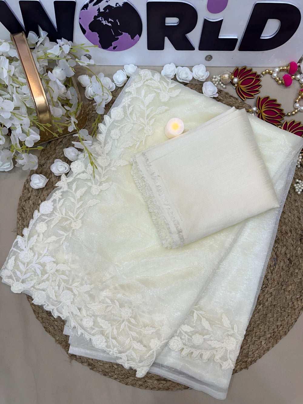 Premium Pure Twillnet Saree with Tone-to-Tone Multithread Work & Scalloped Border – Bangalori Silk Blouse Included