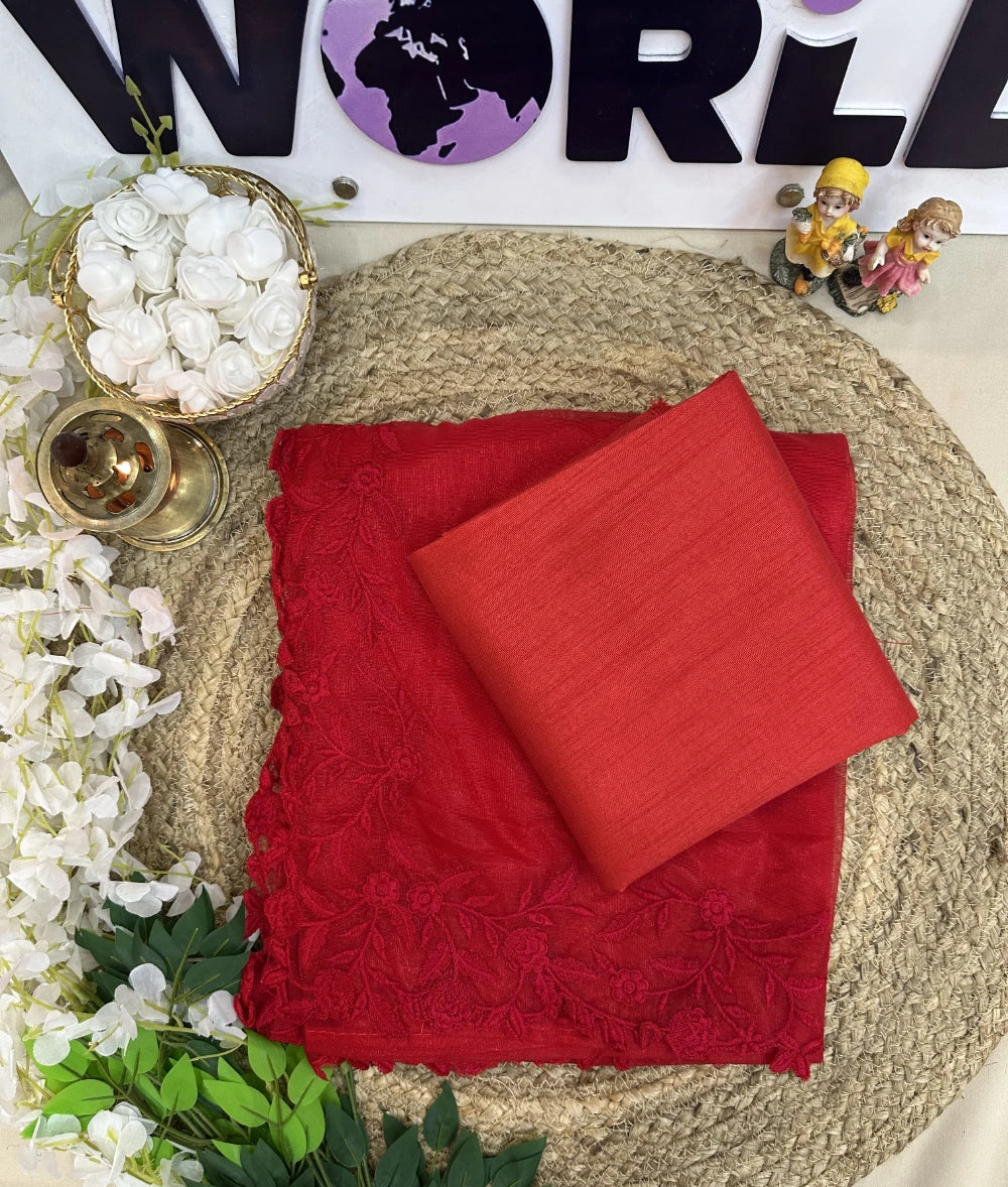 Premium Pure Twillnet Saree with Tone-to-Tone Multithread Work & Scalloped Border – Bangalori Silk Blouse Included