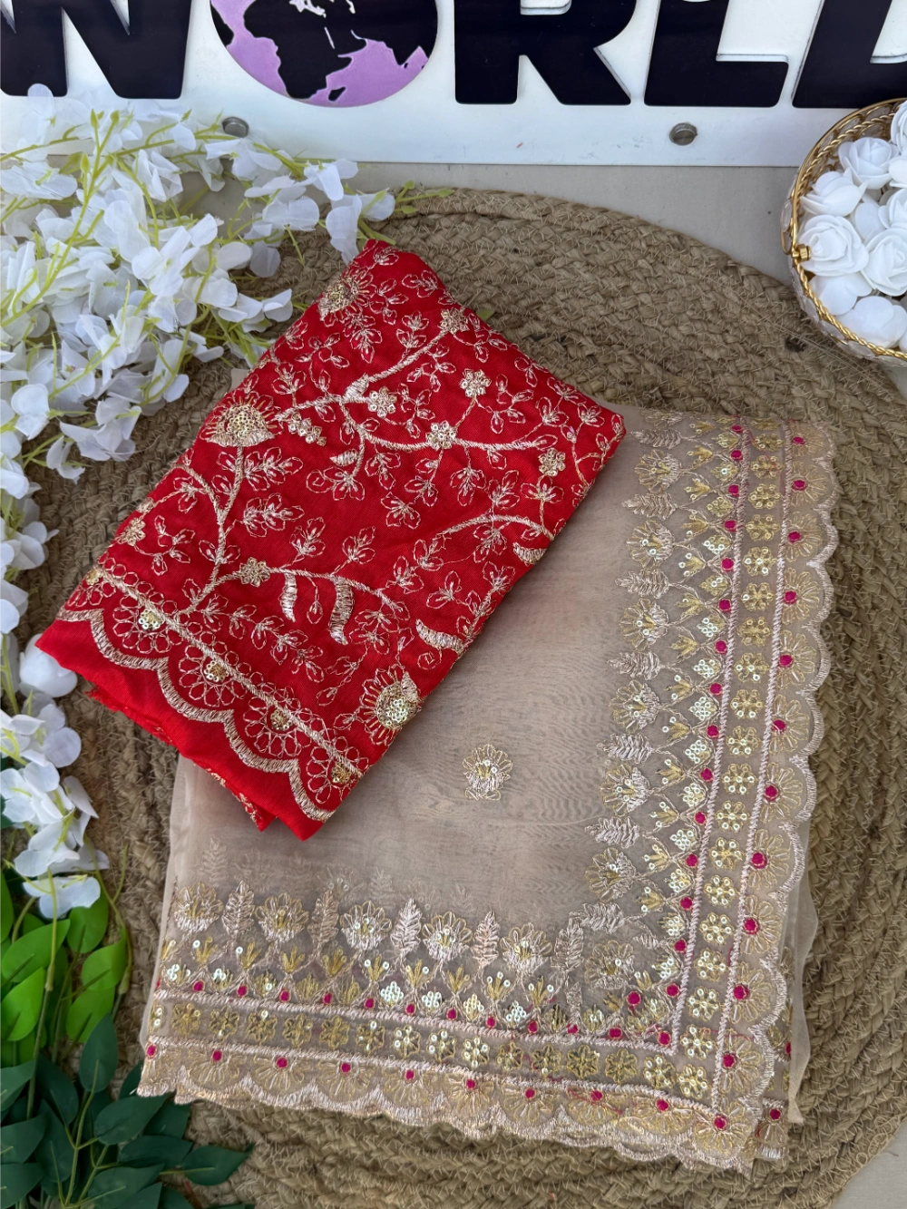 Premium Organza Gold Tissue Saree with Multicolor Zari Thread Work & Scalloped Border – Contrast Red Blouse Included