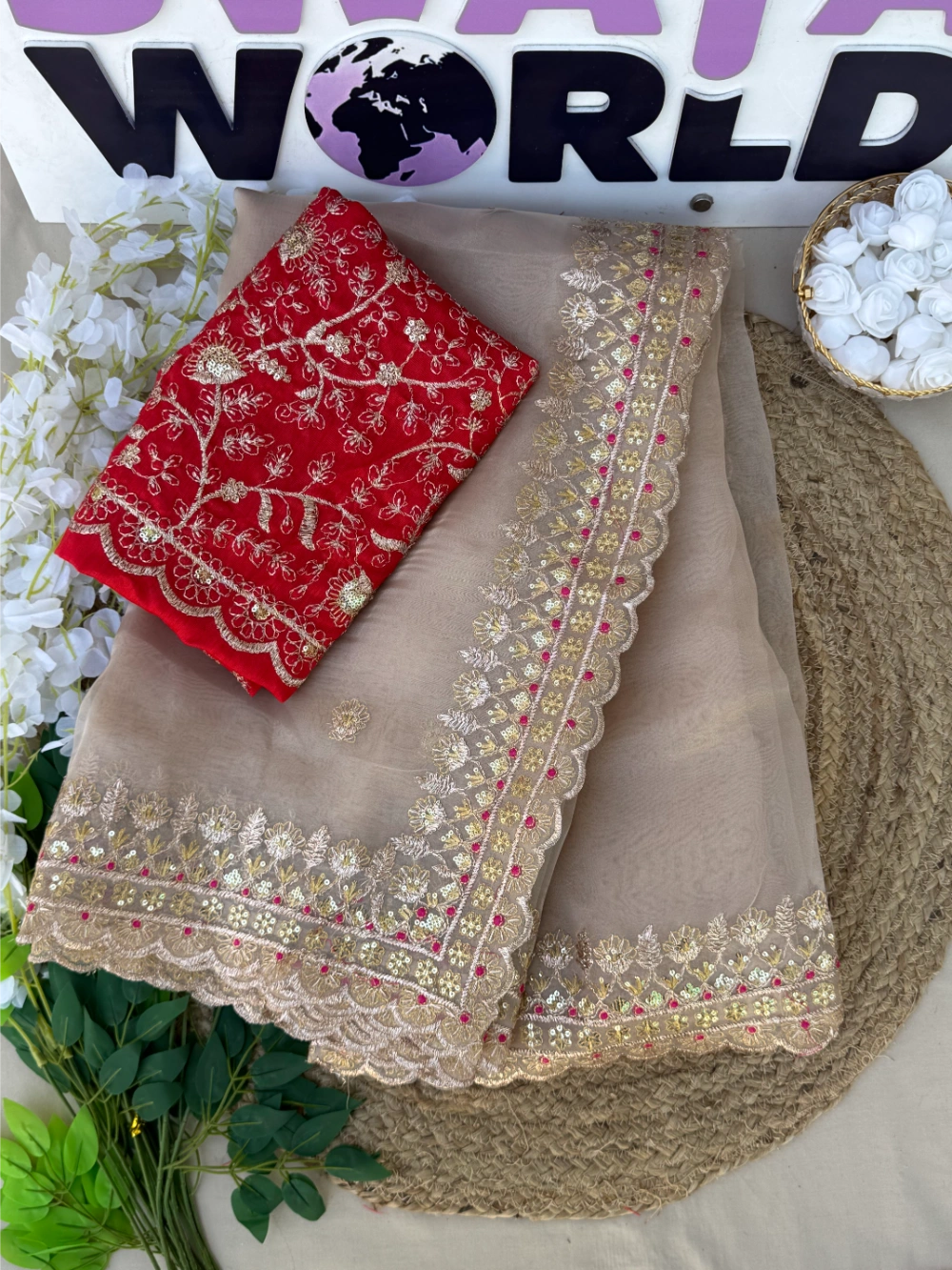 Premium Organza Gold Tissue Saree with Multicolor Zari Thread Work & Scalloped Border – Contrast Red Blouse Included
