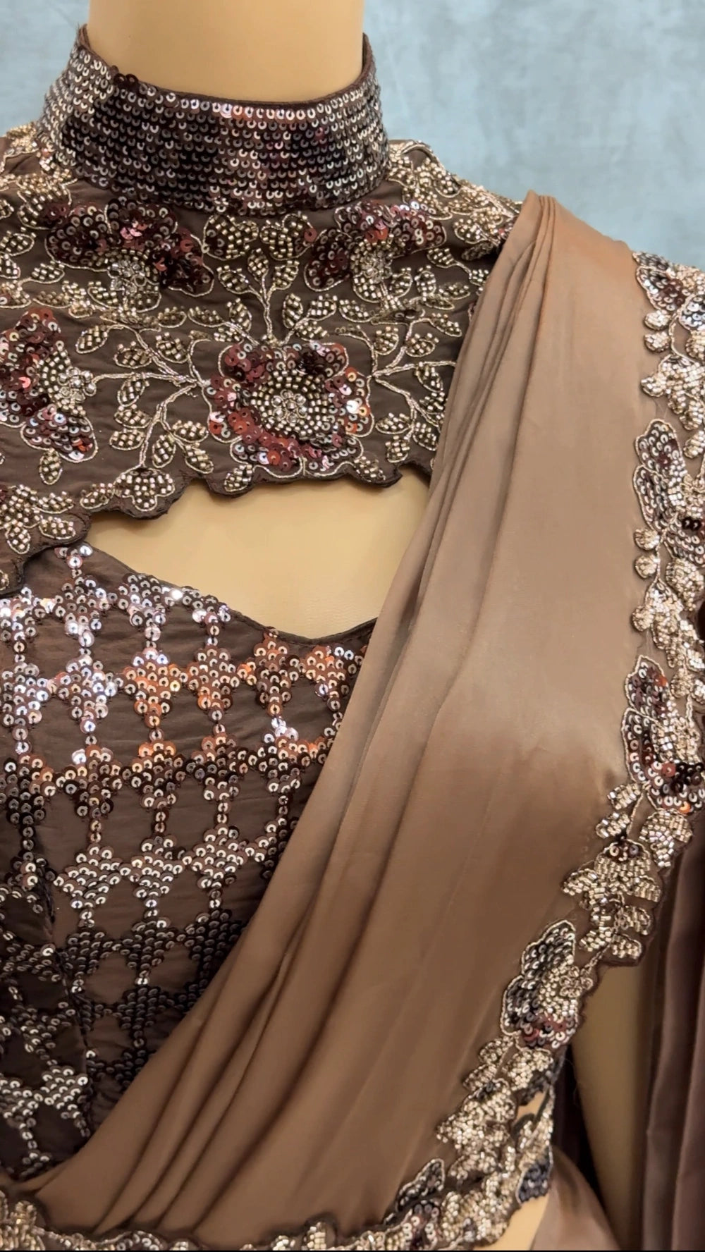 Borwniee1MinSaree – Ready-to-Wear Premium Space Silk Saree with Sequin, Pearl & Embroidery Border + Designer Blouse & Neck Belt