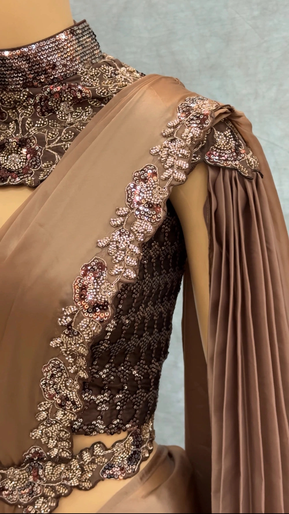 Borwniee1MinSaree – Ready-to-Wear Premium Space Silk Saree with Sequin, Pearl & Embroidery Border + Designer Blouse & Neck Belt