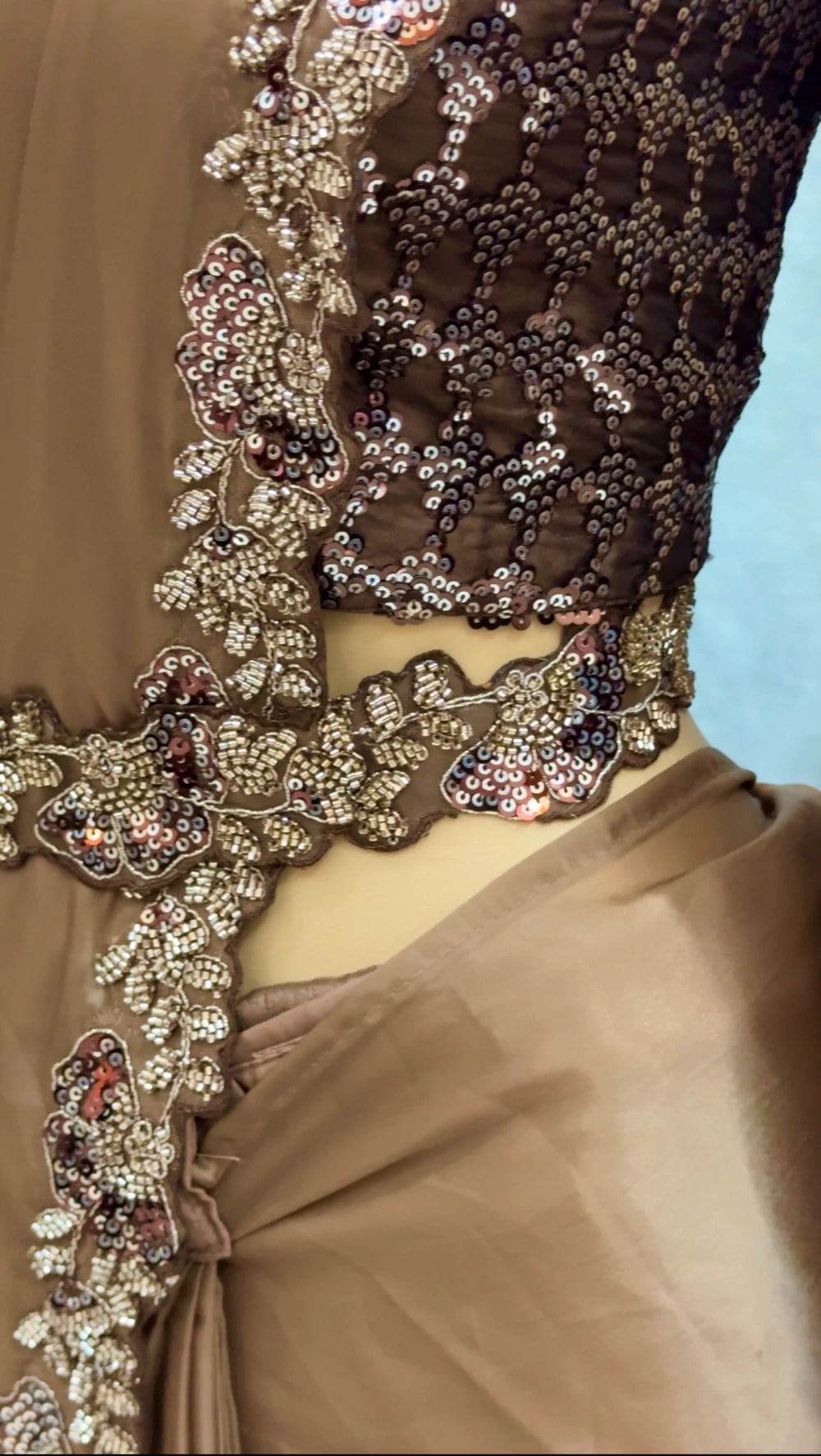 Borwniee1MinSaree – Ready-to-Wear Premium Space Silk Saree with Sequin, Pearl & Embroidery Border + Designer Blouse & Neck Belt