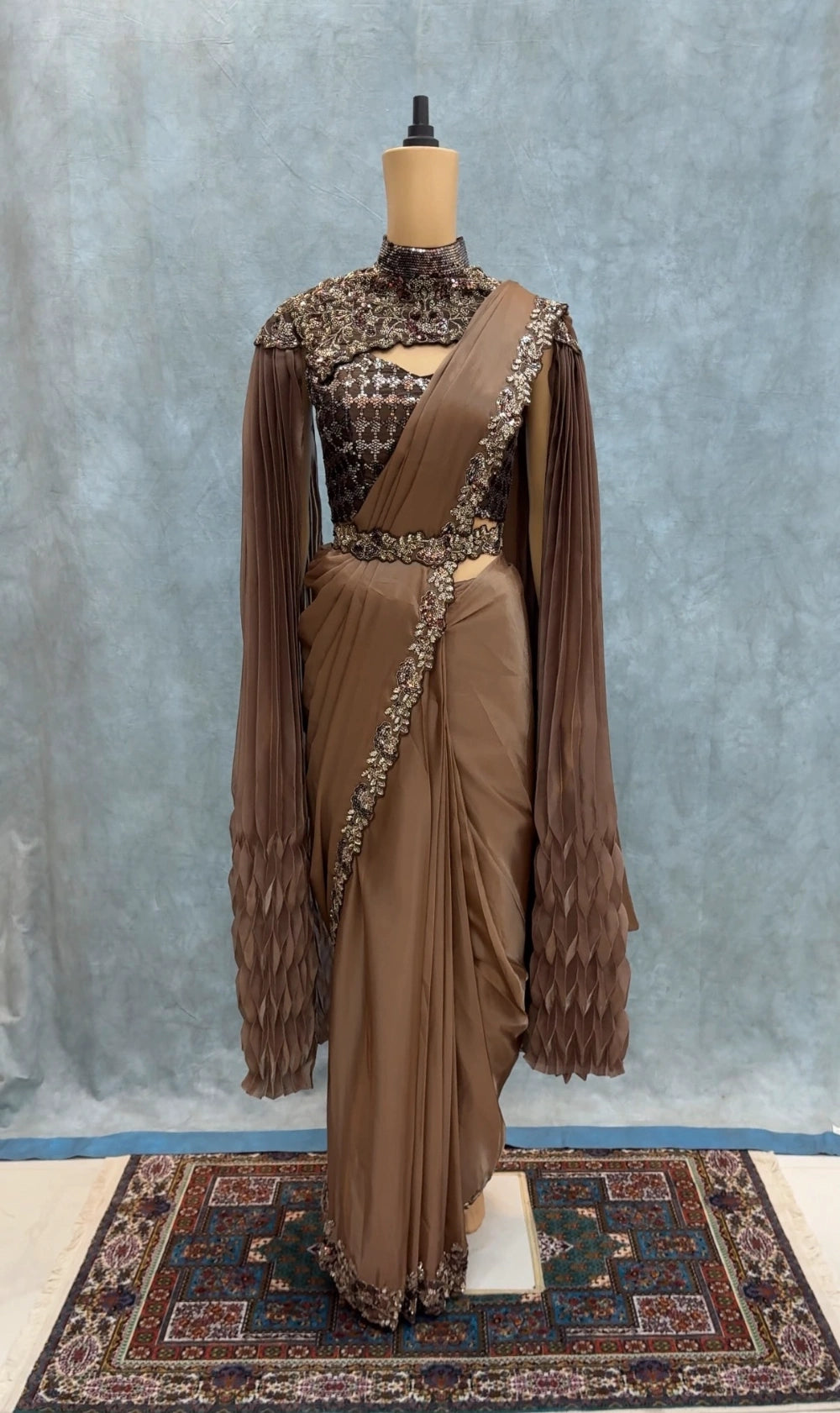 Borwniee1MinSaree – Ready-to-Wear Premium Space Silk Saree with Sequin, Pearl & Embroidery Border + Designer Blouse & Neck Belt