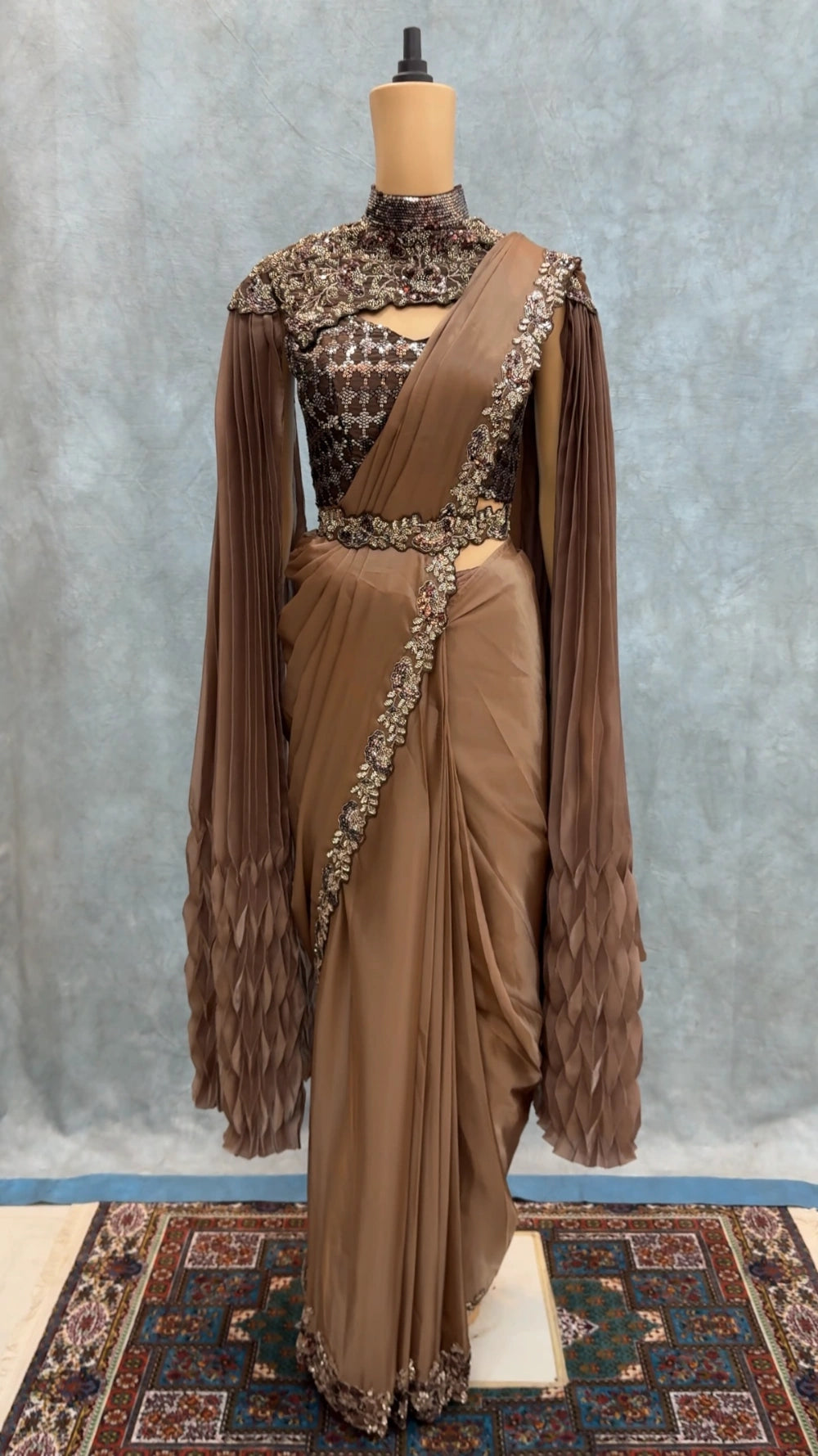 Borwniee1MinSaree – Ready-to-Wear Premium Space Silk Saree with Sequin, Pearl & Embroidery Border + Designer Blouse & Neck Belt