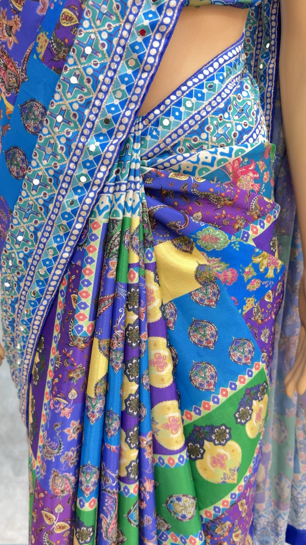 Designer Saree with Gold Zari & Real Mirror Work – Printed Blouse Included