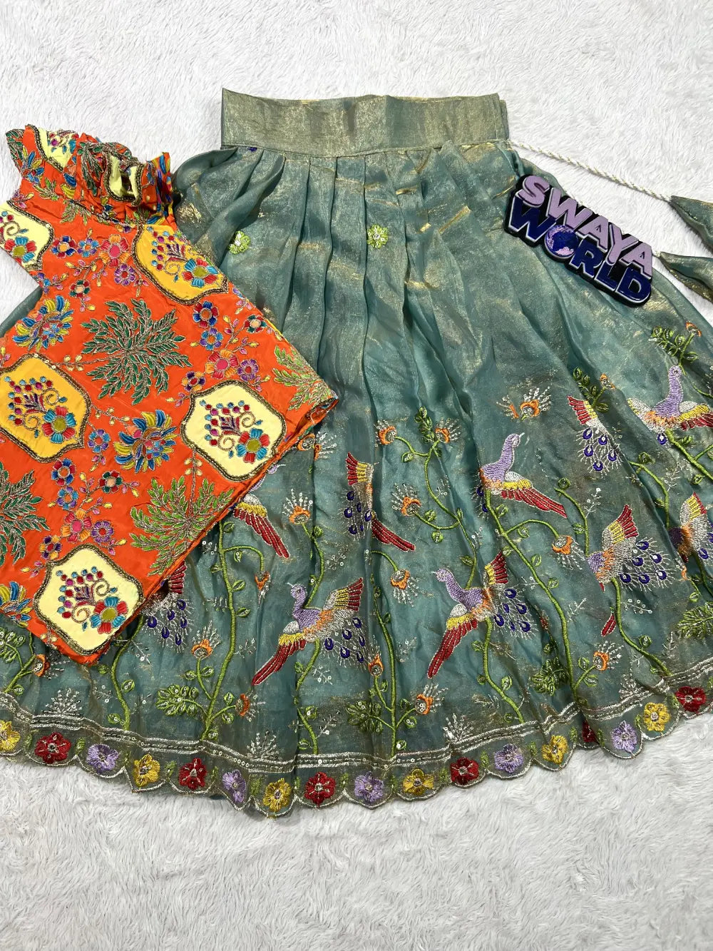 Sraavan Maas Exclusive – Soft Space Silk Embroidery Lehenga with Printed Blouse