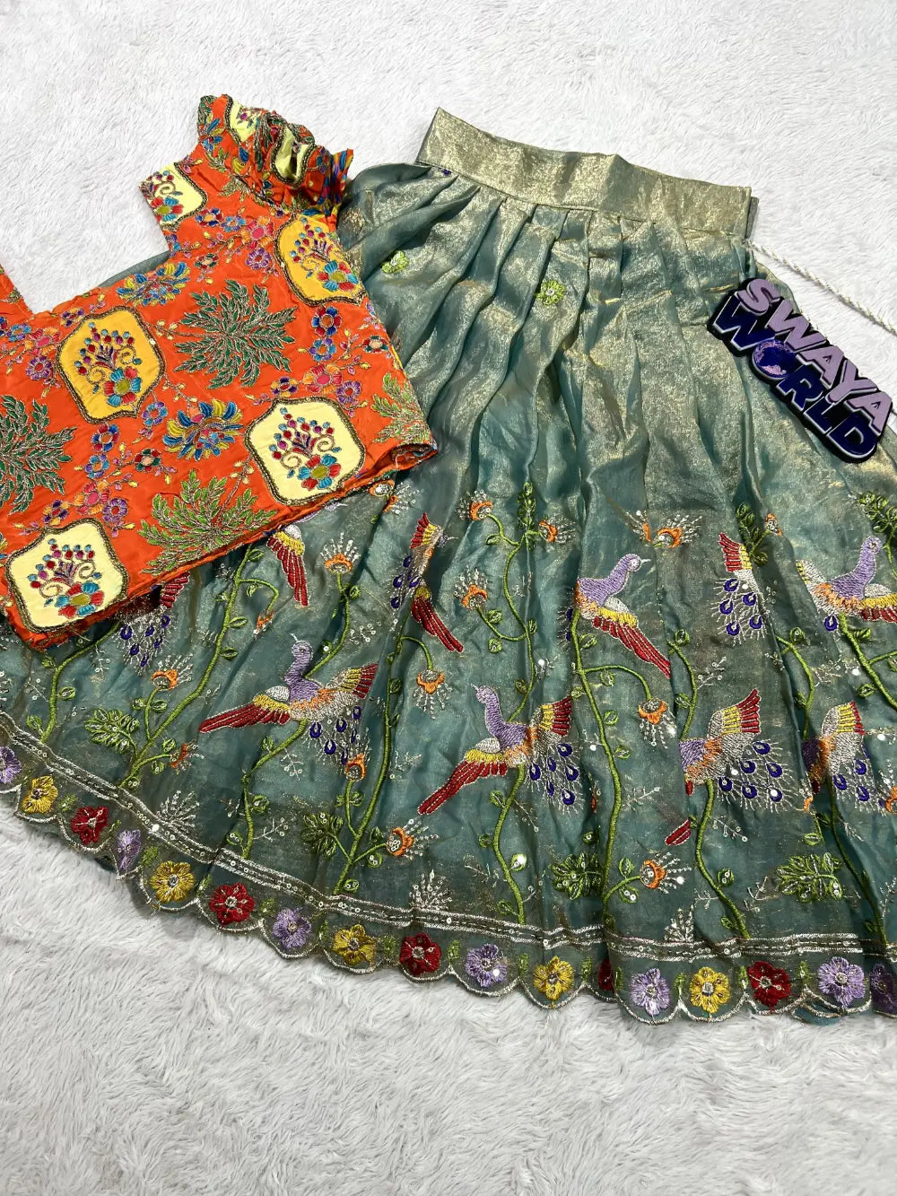 Sraavan Maas Exclusive – Soft Space Silk Embroidery Lehenga with Printed Blouse
