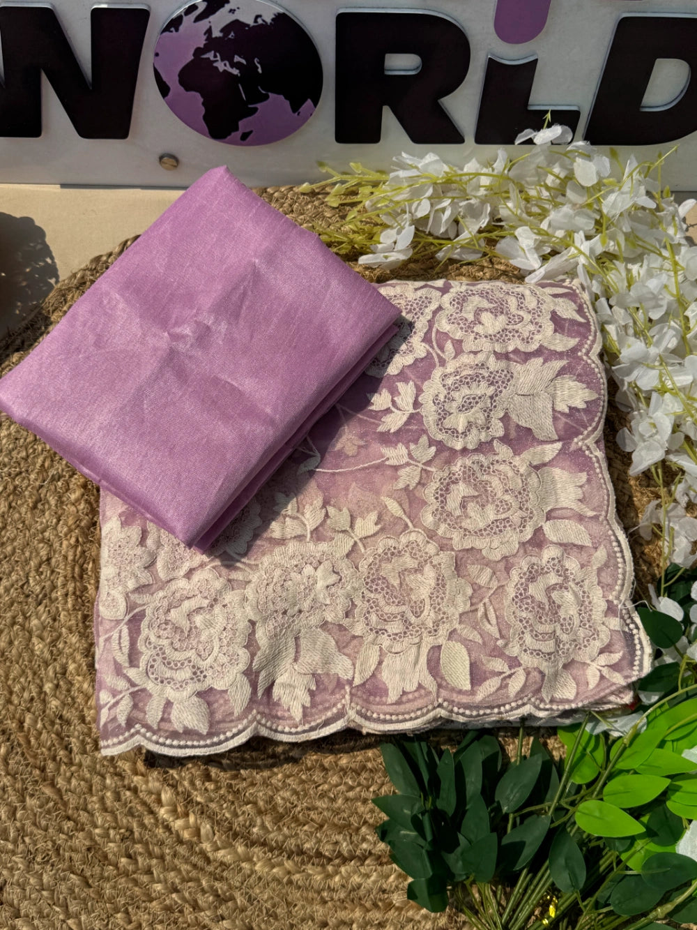 Premium Organza Tissue Saree with Multi Cotton Thread Work & Scallop Border – Bangalori Silk Blouse (Lilac)