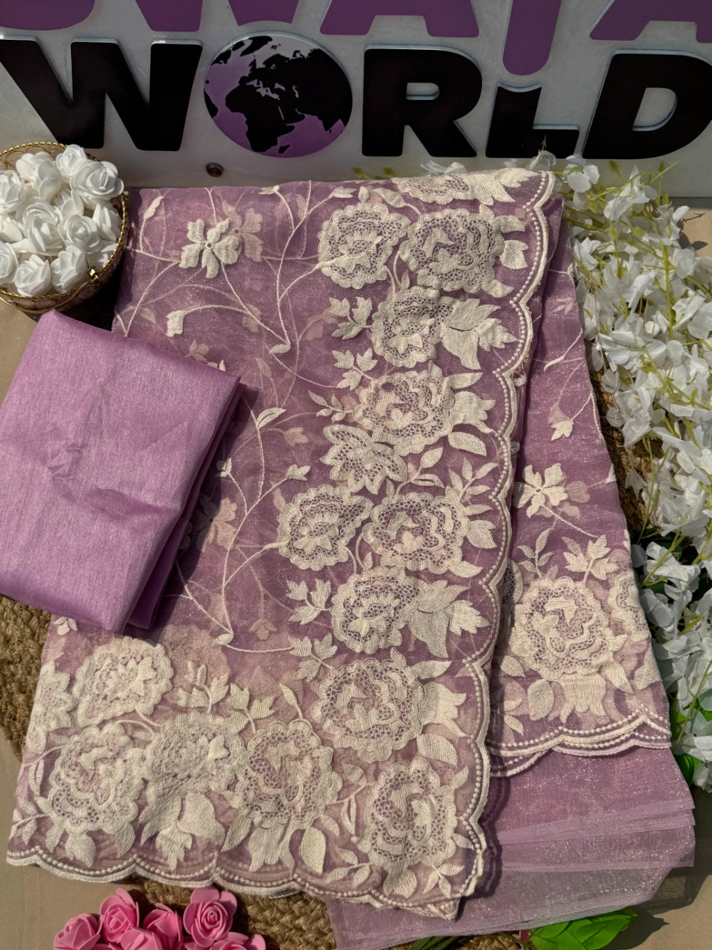 Premium Organza Tissue Saree with Multi Cotton Thread Work & Scallop Border – Bangalori Silk Blouse (Lilac)