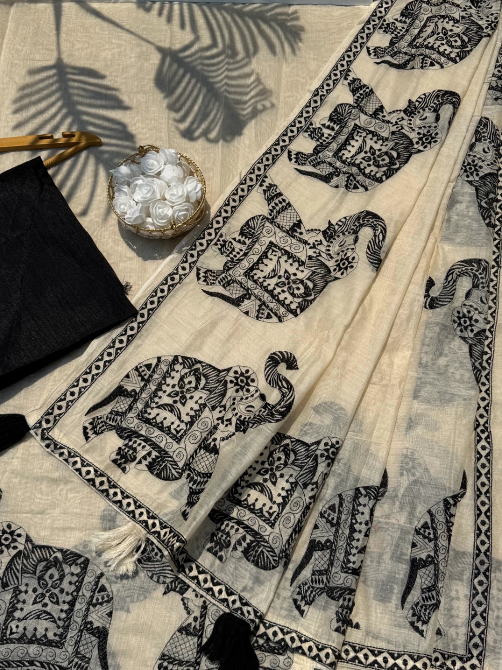 Premium Pure Chanderi Cotton Saree with Multi Thread Elephant Motif & Heavy Tassels – Bangalori Silk Blouse