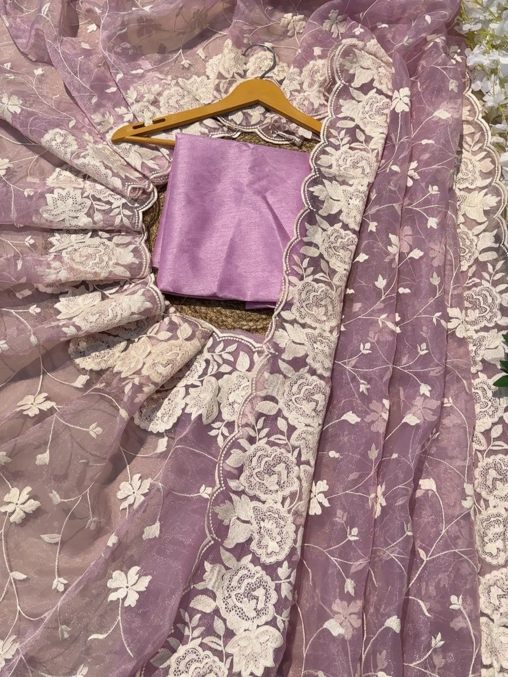 Premium Organza Tissue Saree with Multi Cotton Thread Work & Scallop Border – Bangalori Silk Blouse (Lilac)