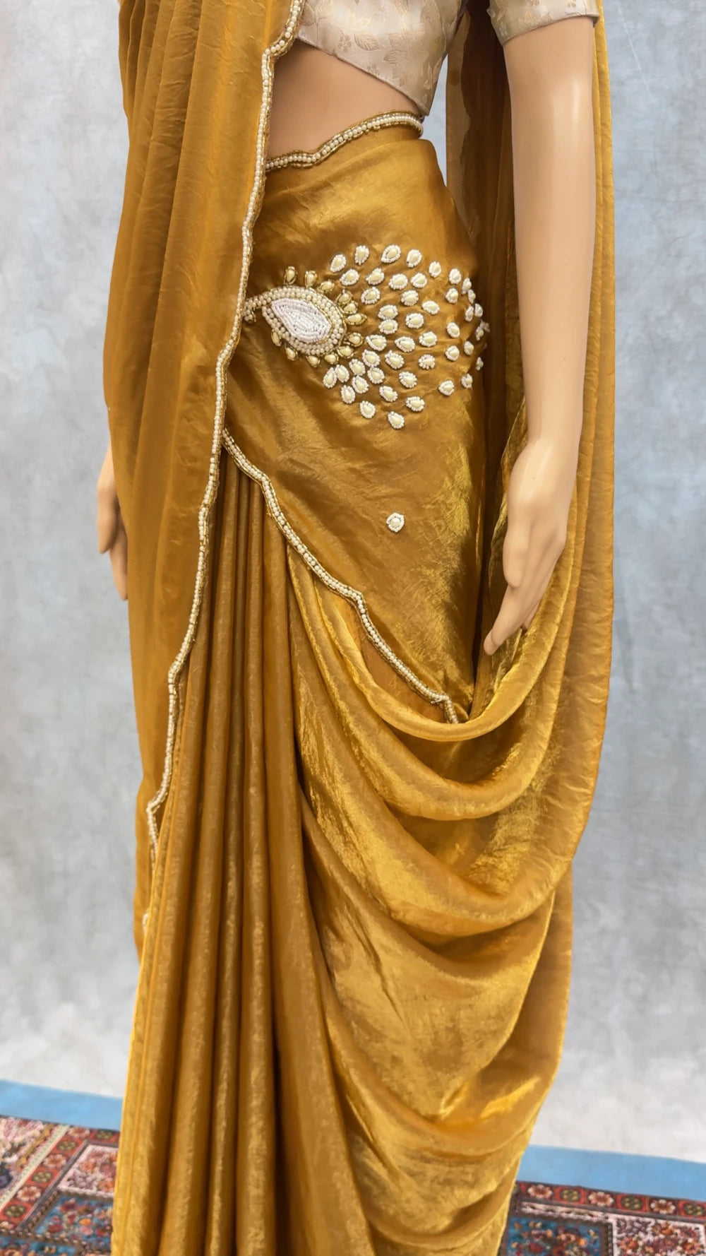 Exclusive Golden Peacock Saree – Pure Soft Space Silk with Handwork & Pearl Pallu