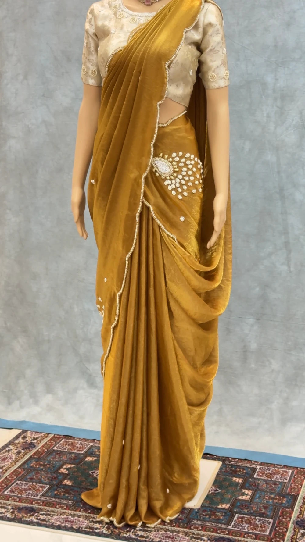 Exclusive Golden Peacock Saree – Pure Soft Space Silk with Handwork & Pearl Pallu