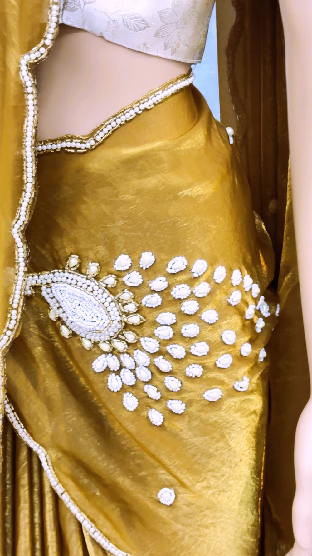 Exclusive Golden Peacock Saree – Pure Soft Space Silk with Handwork & Pearl Pallu