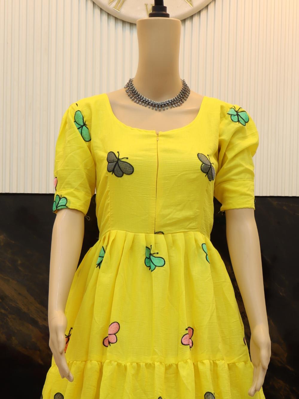 Beautiful Butterfly Maxi Dress in Vibrant Yellow and Olive Green Colors - By Swaya World