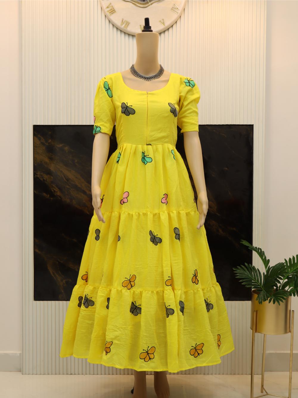 Beautiful Butterfly Maxi Dress in Vibrant Yellow and Olive Green Colors - By Swaya World