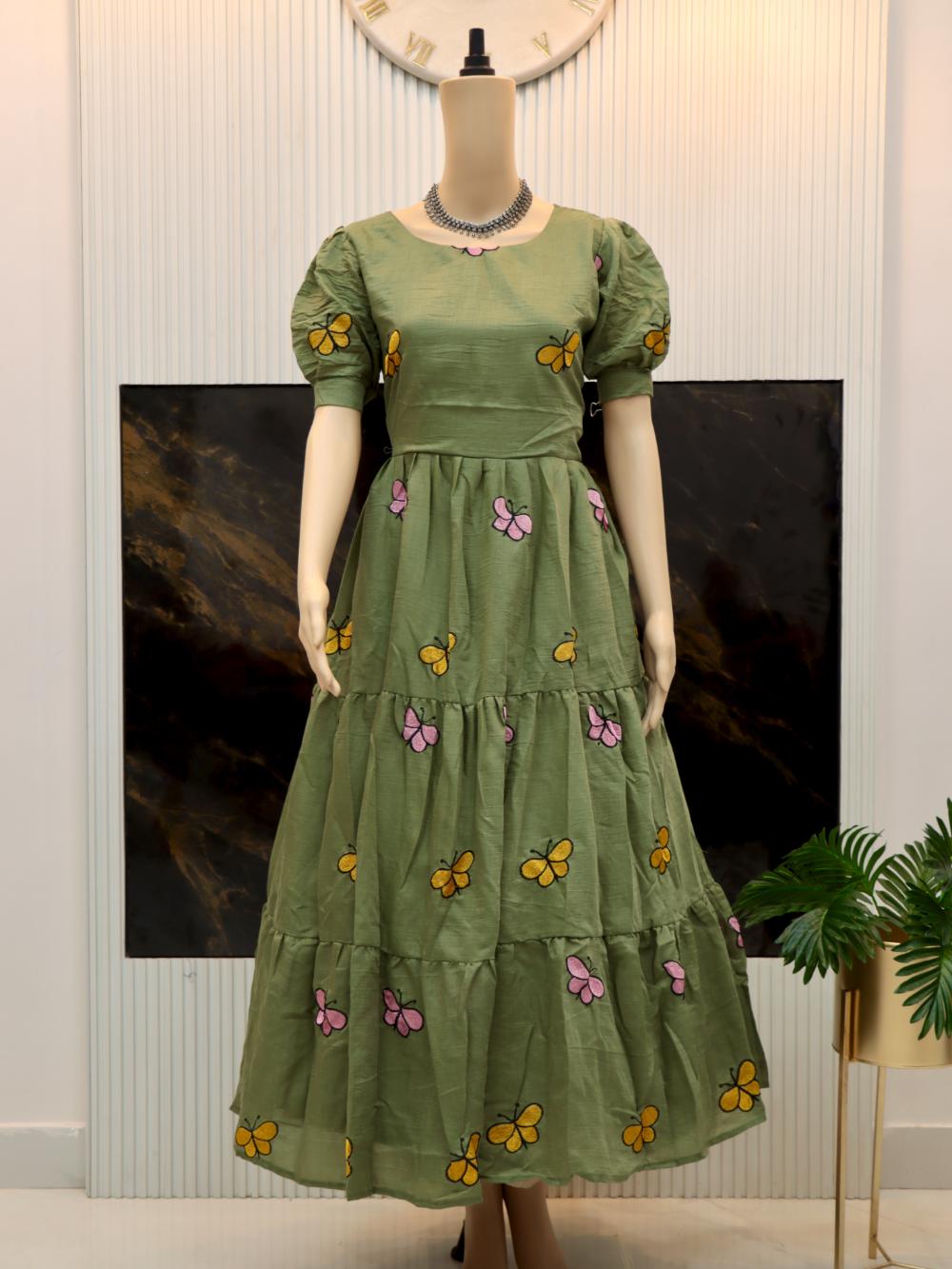 Beautiful Butterfly Maxi Dress in Vibrant Yellow and Olive Green Colors - By Swaya World