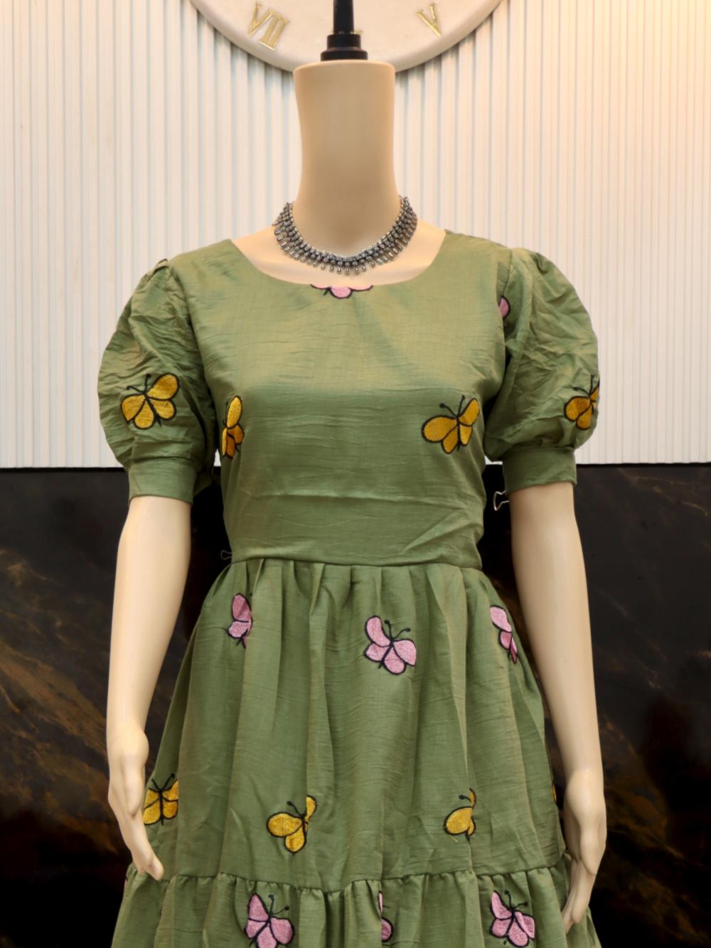 Beautiful Butterfly Maxi Dress in Vibrant Yellow and Olive Green Colors - By Swaya World