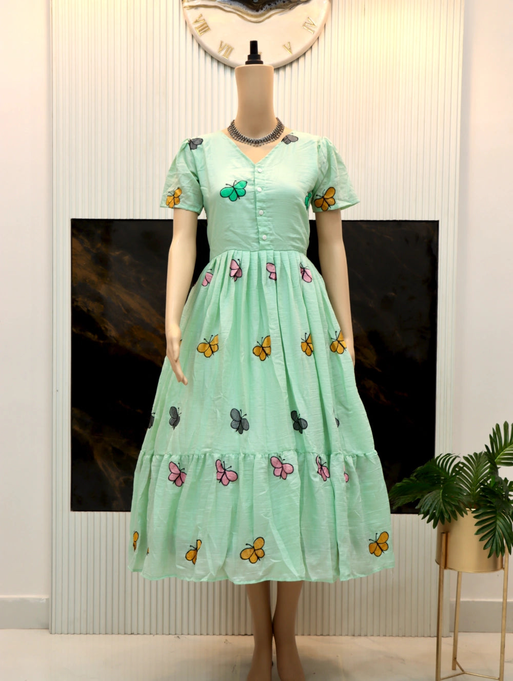 Beautiful Butterfly Maxi Dress in Sea Green & Pink Colors - By Swaya World