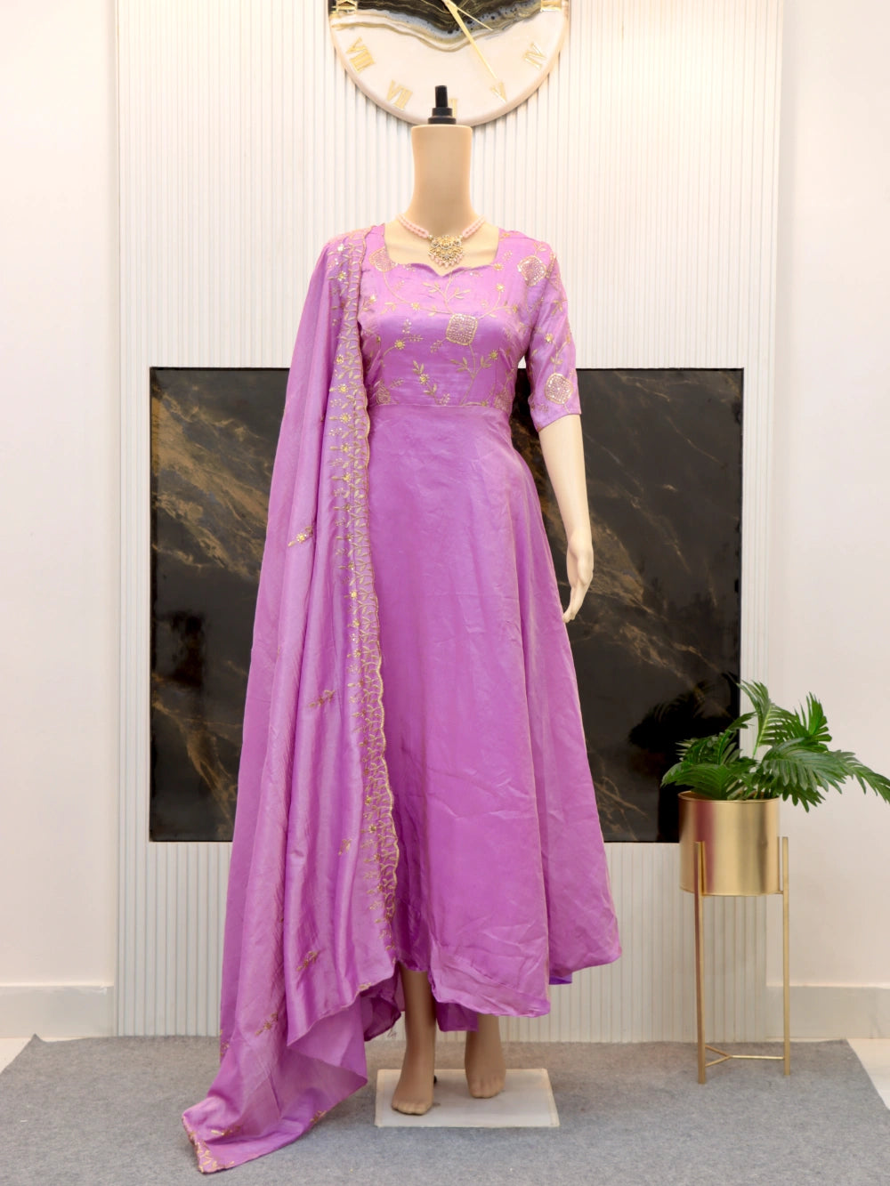 Super Hit Designer Zari & Sequence Work Tissue Silk Gown with Cut Work Dupatta in Purple, Maroon, and Orange (Sizes M to XXL) - By Swaya World