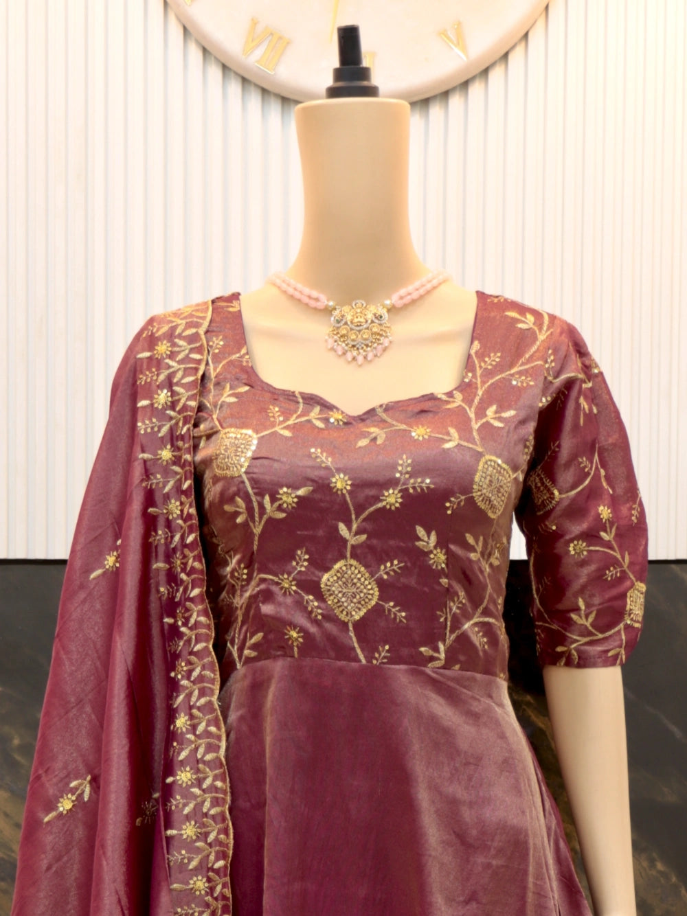 Super Hit Designer Zari & Sequence Work Tissue Silk Gown with Cut Work Dupatta in Purple, Maroon, and Orange (Sizes M to XXL) - By Swaya World