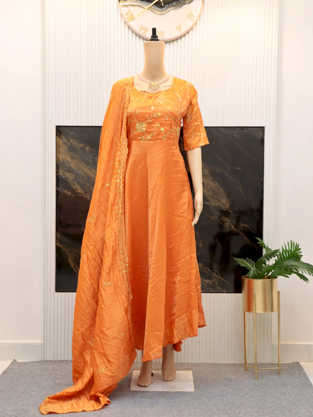 Super Hit Designer Zari & Sequence Work Tissue Silk Gown with Cut Work Dupatta in Purple, Maroon, and Orange (Sizes M to XXL) - By Swaya World