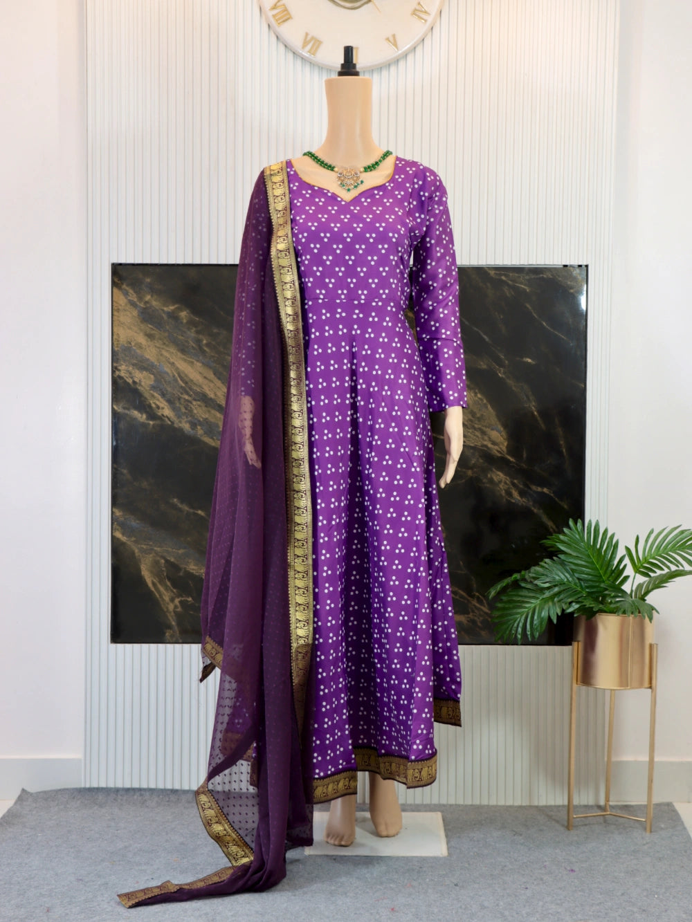Stylish Soft Muslin Cotton Gown with Thousand Butti Dupatta (Purple and Green) - By Swaya World