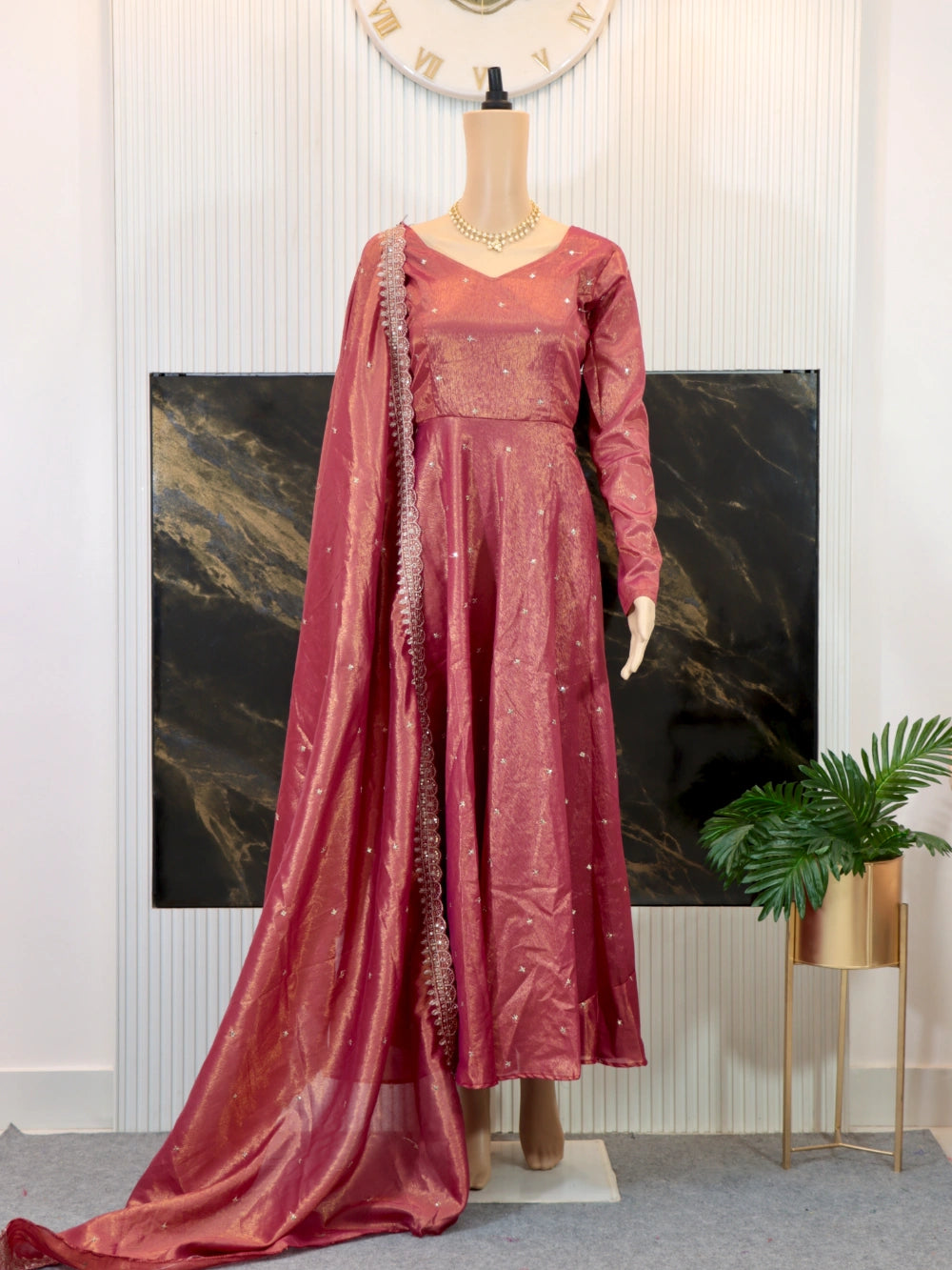 Exclusive Banarasi Tissue Silk Gown with Embroidery and Sequence Work (Sizes M to XXL) - By Swaya World