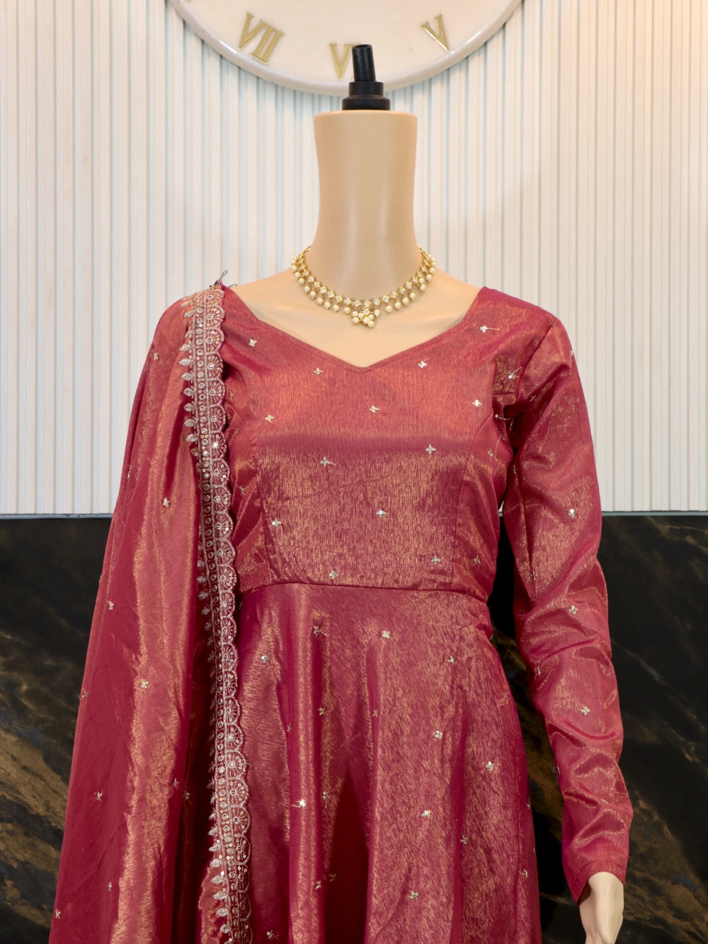 Exclusive Banarasi Tissue Silk Gown with Embroidery and Sequence Work (Sizes M to XXL) - By Swaya World
